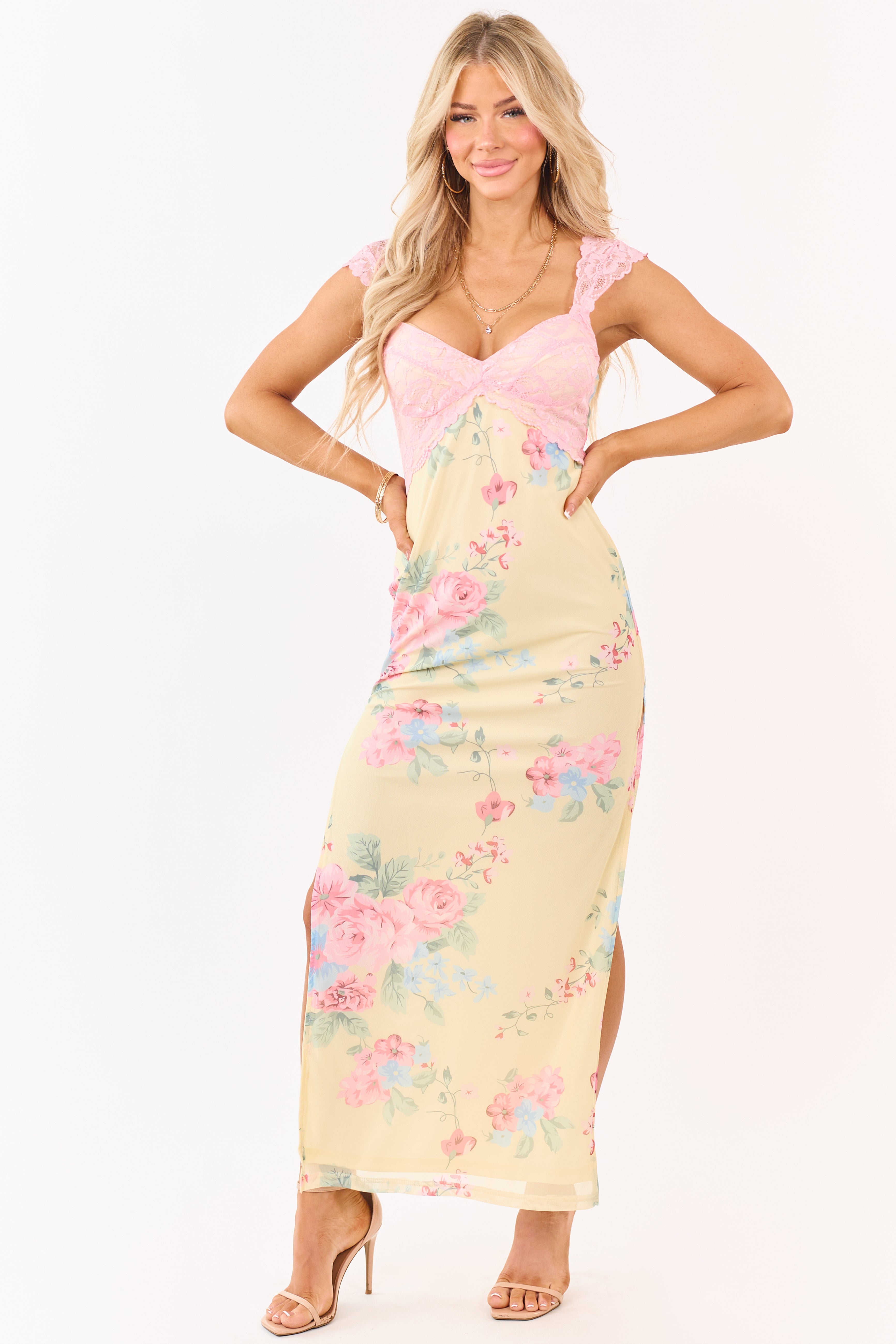 Pastel Yellow Floral Print Mesh Lace Maxi Dress