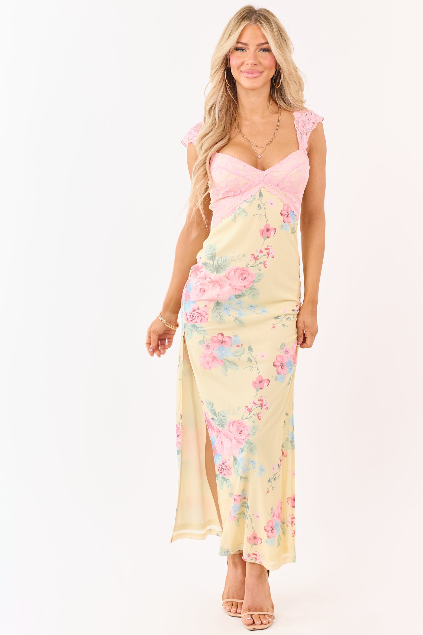 Pastel Yellow Floral Print Mesh Lace Maxi Dress