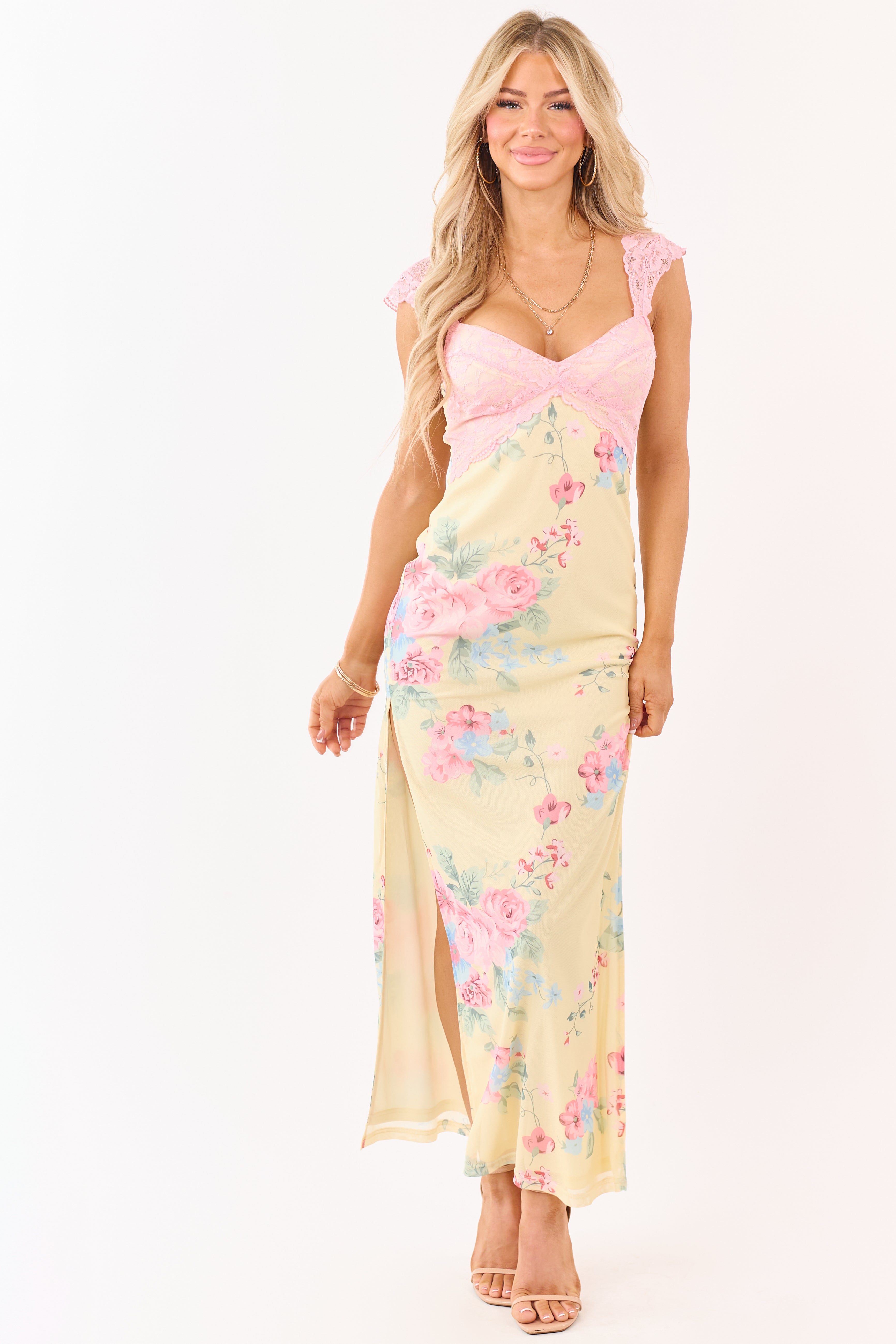 Pastel Yellow Floral Print Mesh Lace Maxi Dress
