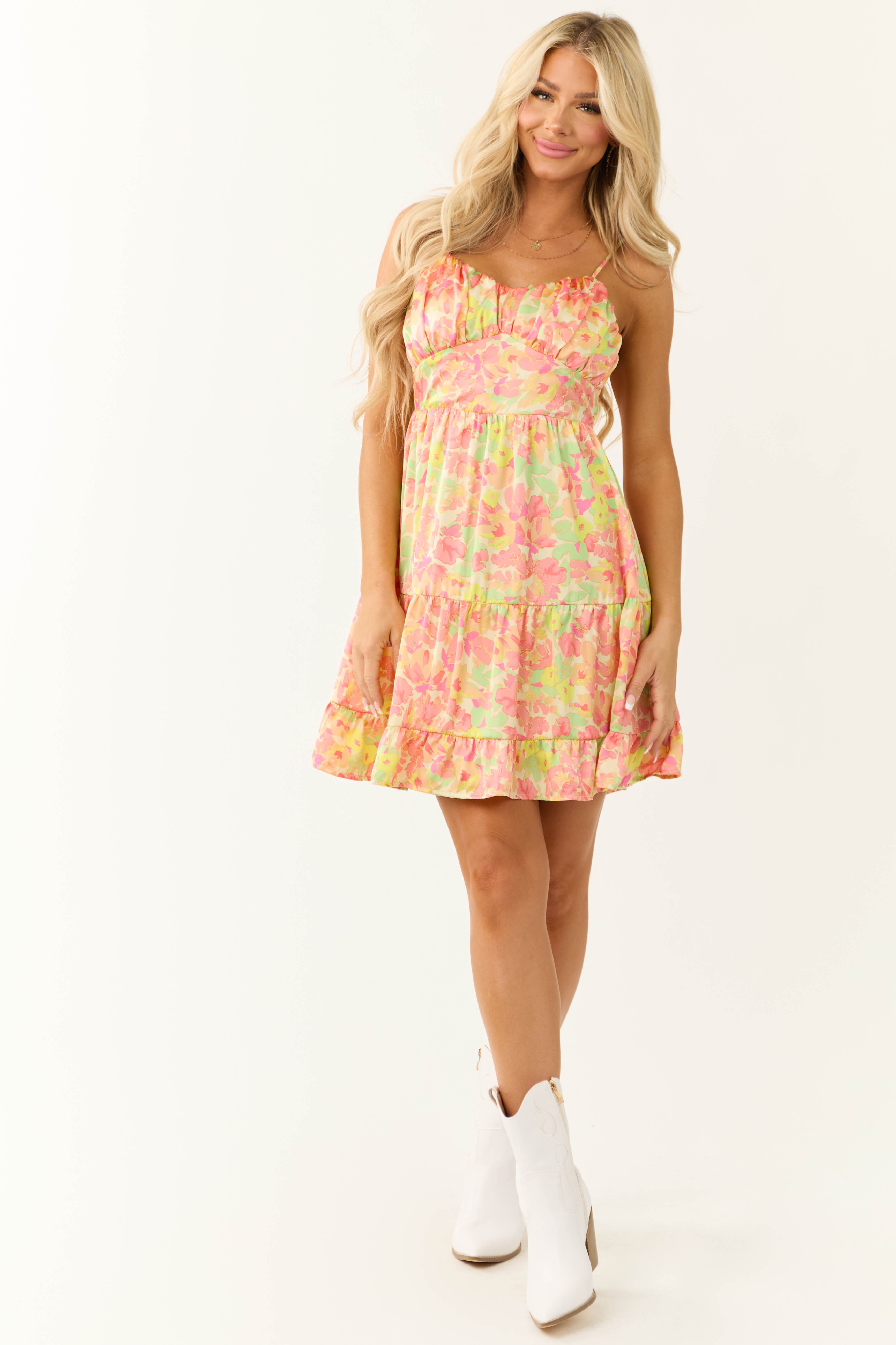 Pastel Yellow Floral Print Satin Mini Dress Pastel Yellow Floral Print Satin Mini Dress