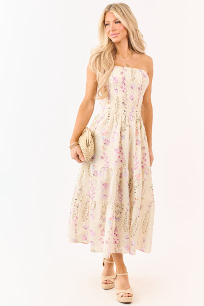 Pastel Yellow Floral Print Strapless Midi Dress