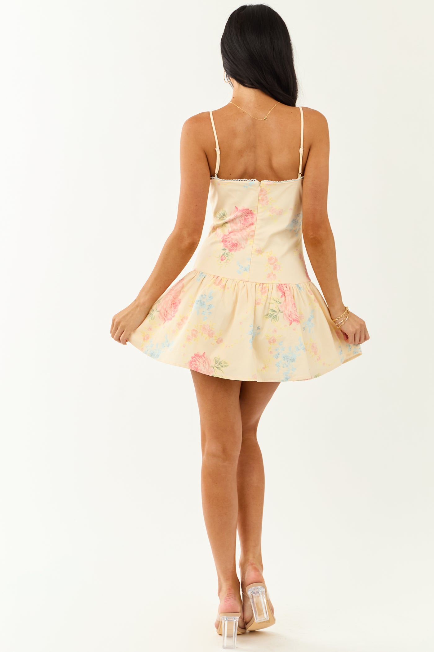 Pastel Yellow Floral Sleeveless Drop Waist Mini Dress