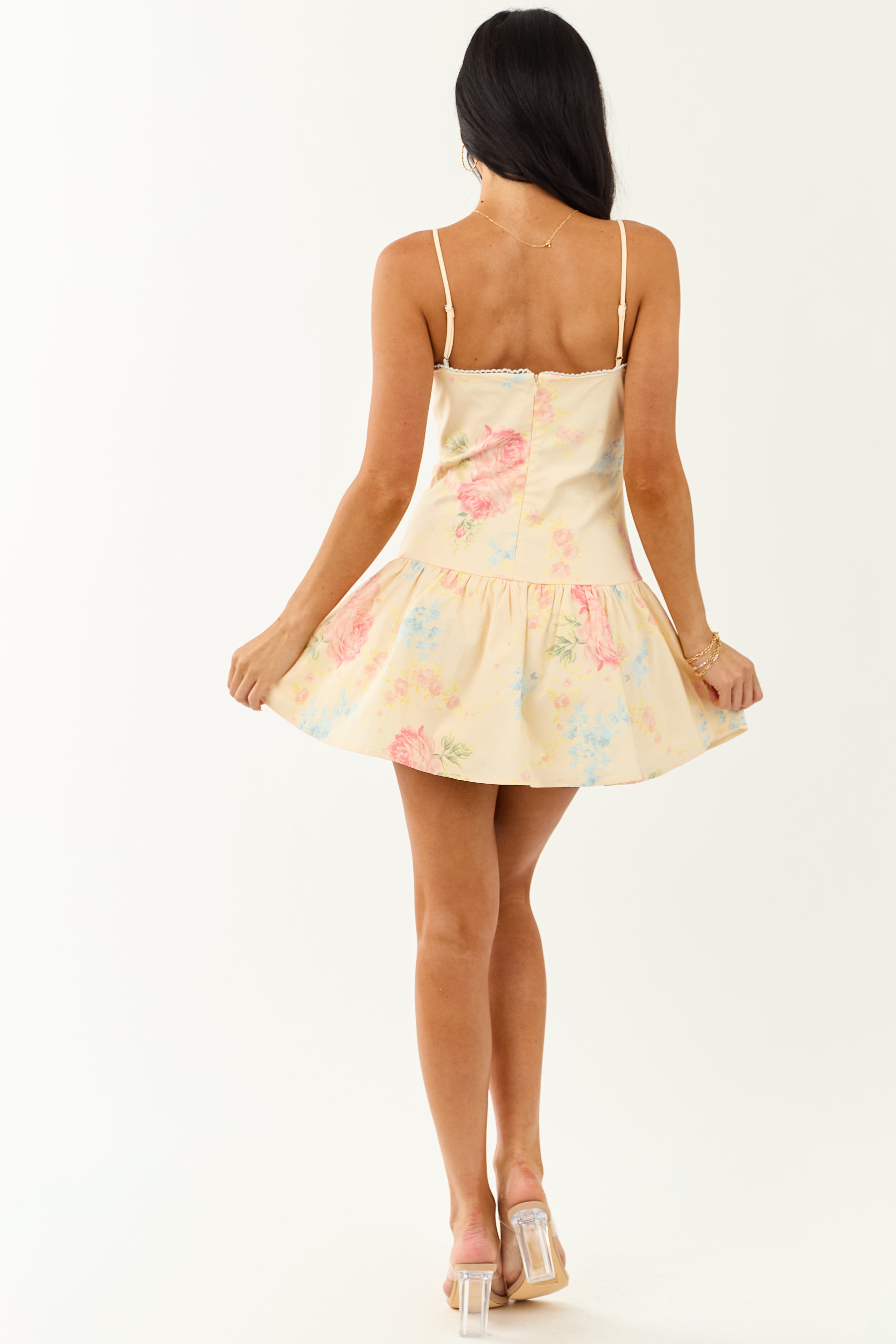 Pastel Yellow Floral Sleeveless Drop Waist Mini Dress