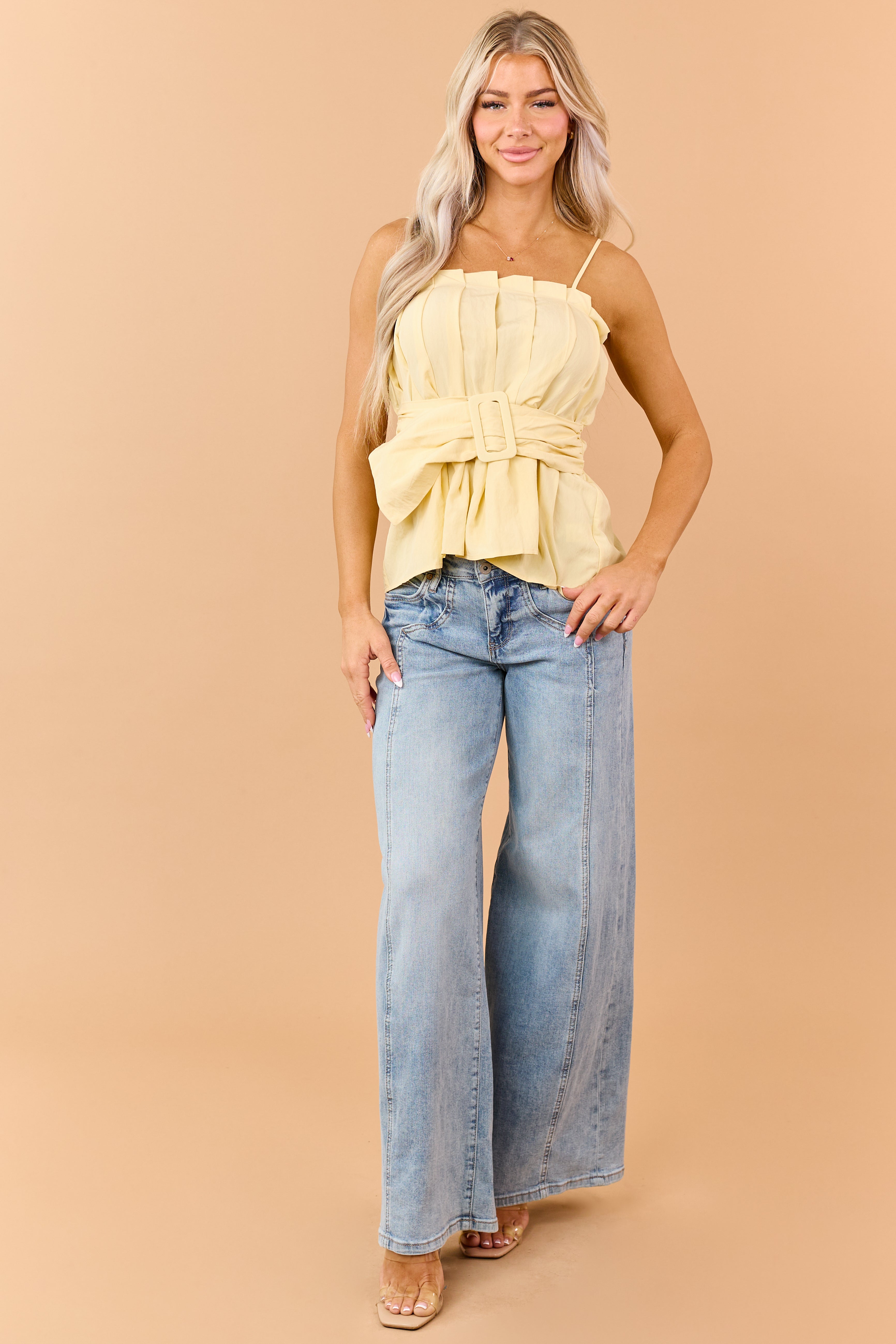Pastel Yellow Pleated Tank Top with Matching Belt