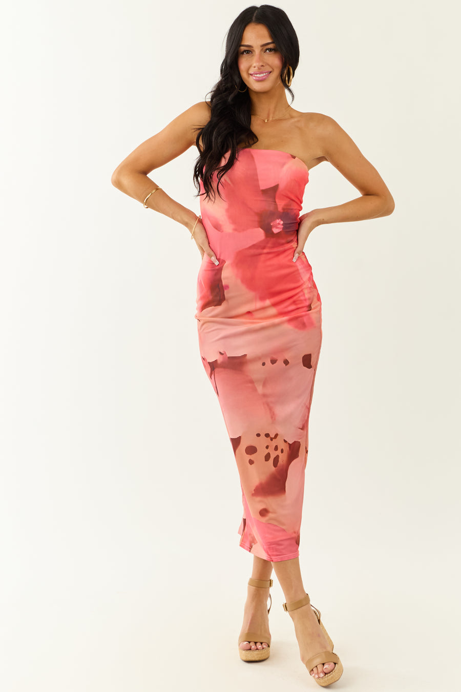 Peach Abstract Print Mesh Strapless Midi Dress