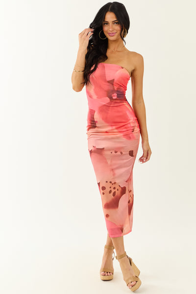 Peach Abstract Print Mesh Strapless Midi Dress