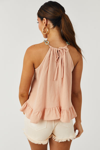Peach Chain Embellished Halter Neck Tank Top