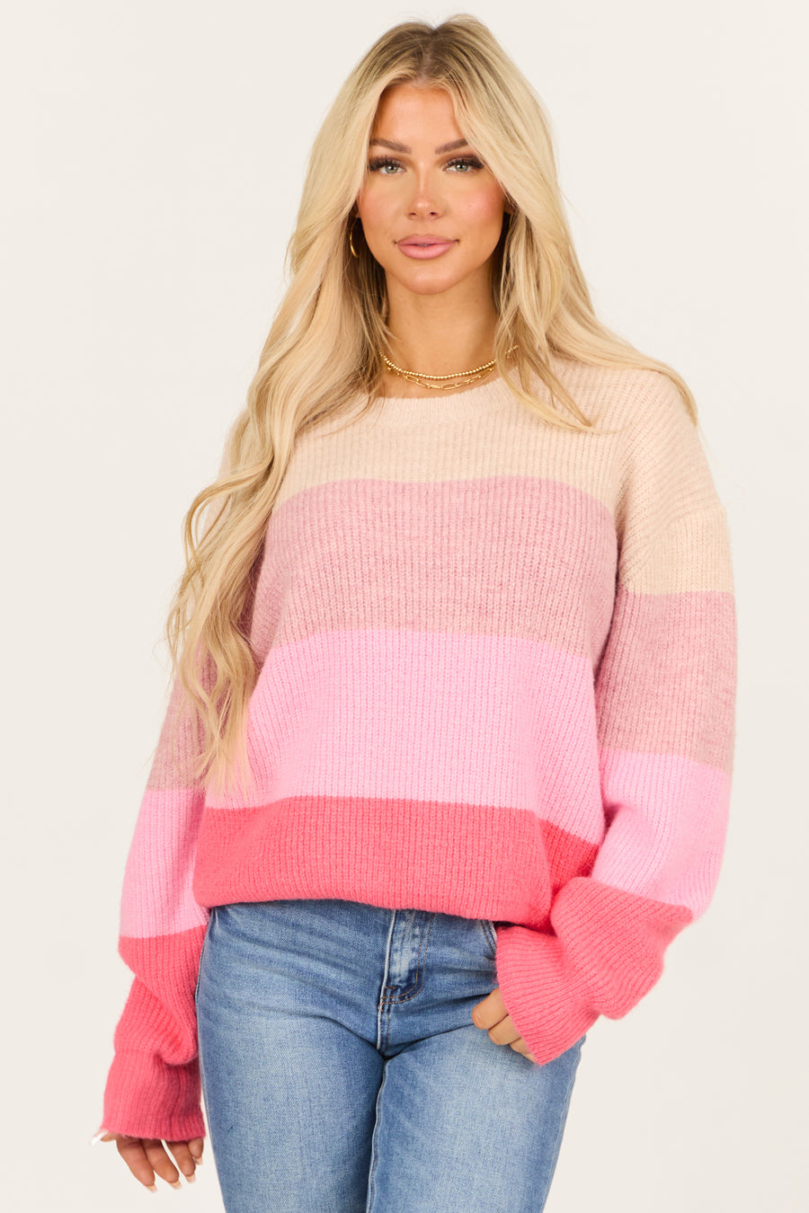 Peach Colorblock Stripe Chunky Knit Sweater