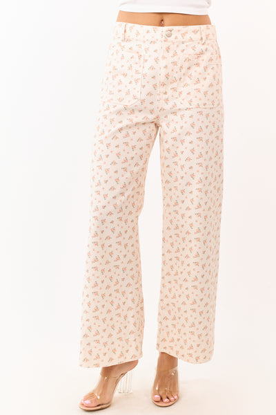 Peach Ditsy Floral Patch Pocket Wide Leg Jeans