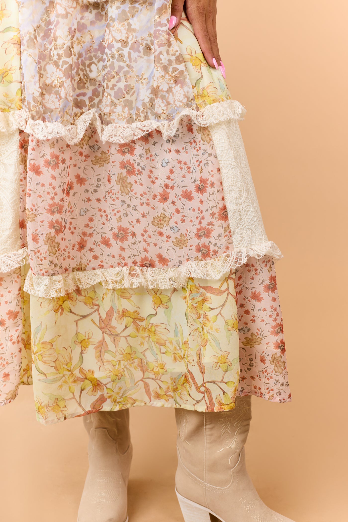 Peach Floral Chiffon Tiered Lace Maxi Dress
