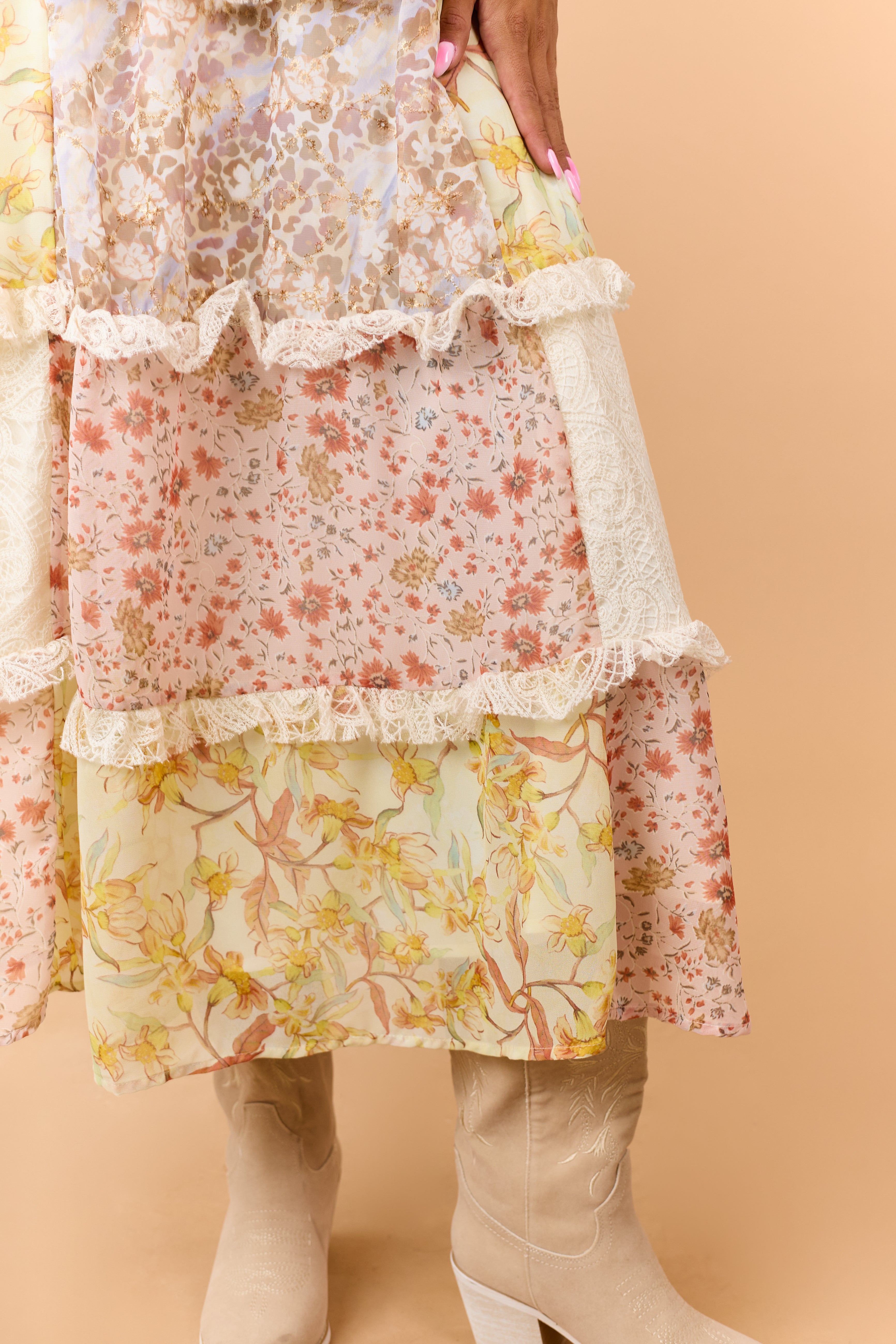 Peach Floral Chiffon Tiered Lace Maxi Dress