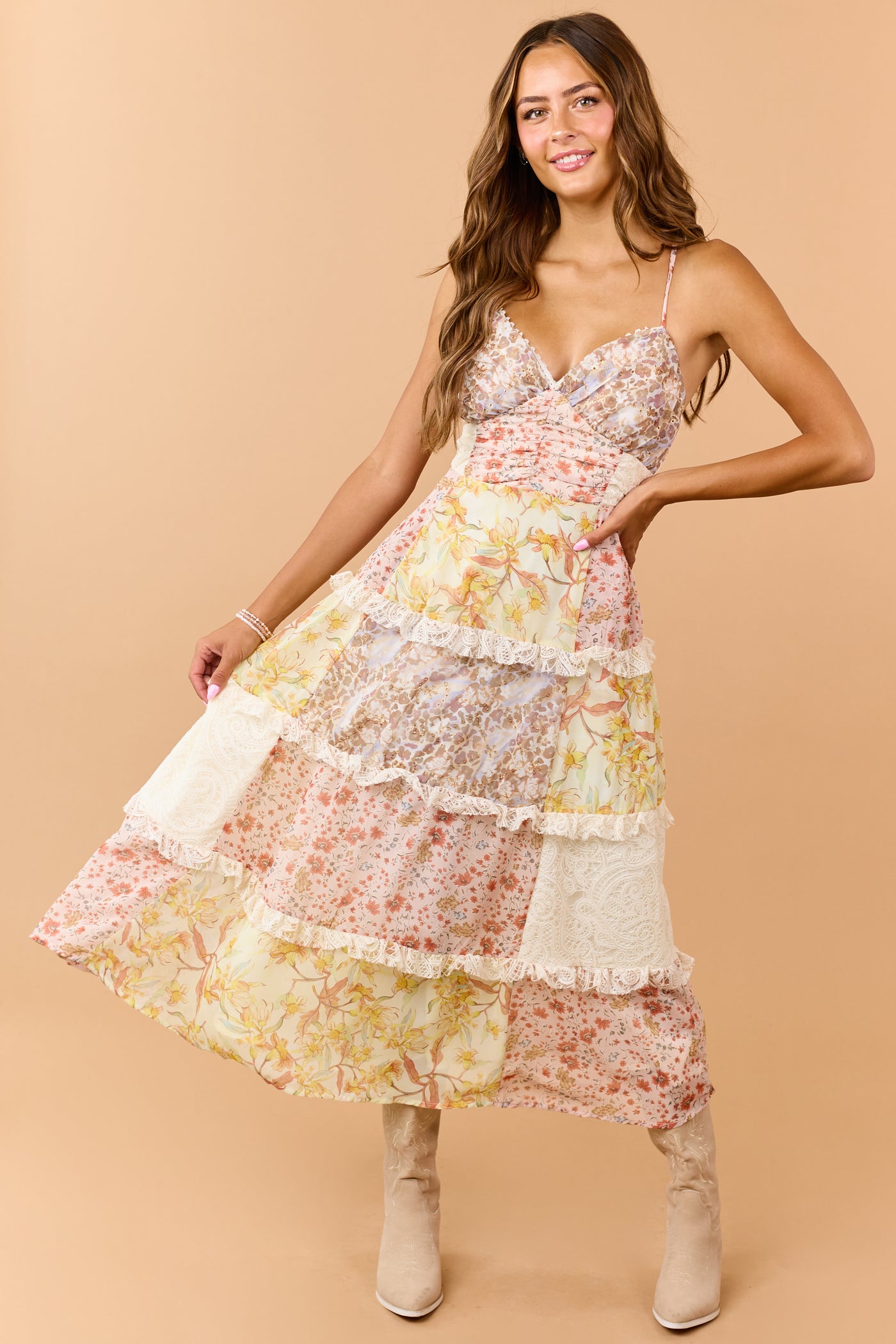 Peach Floral Chiffon Tiered Lace Maxi Dress