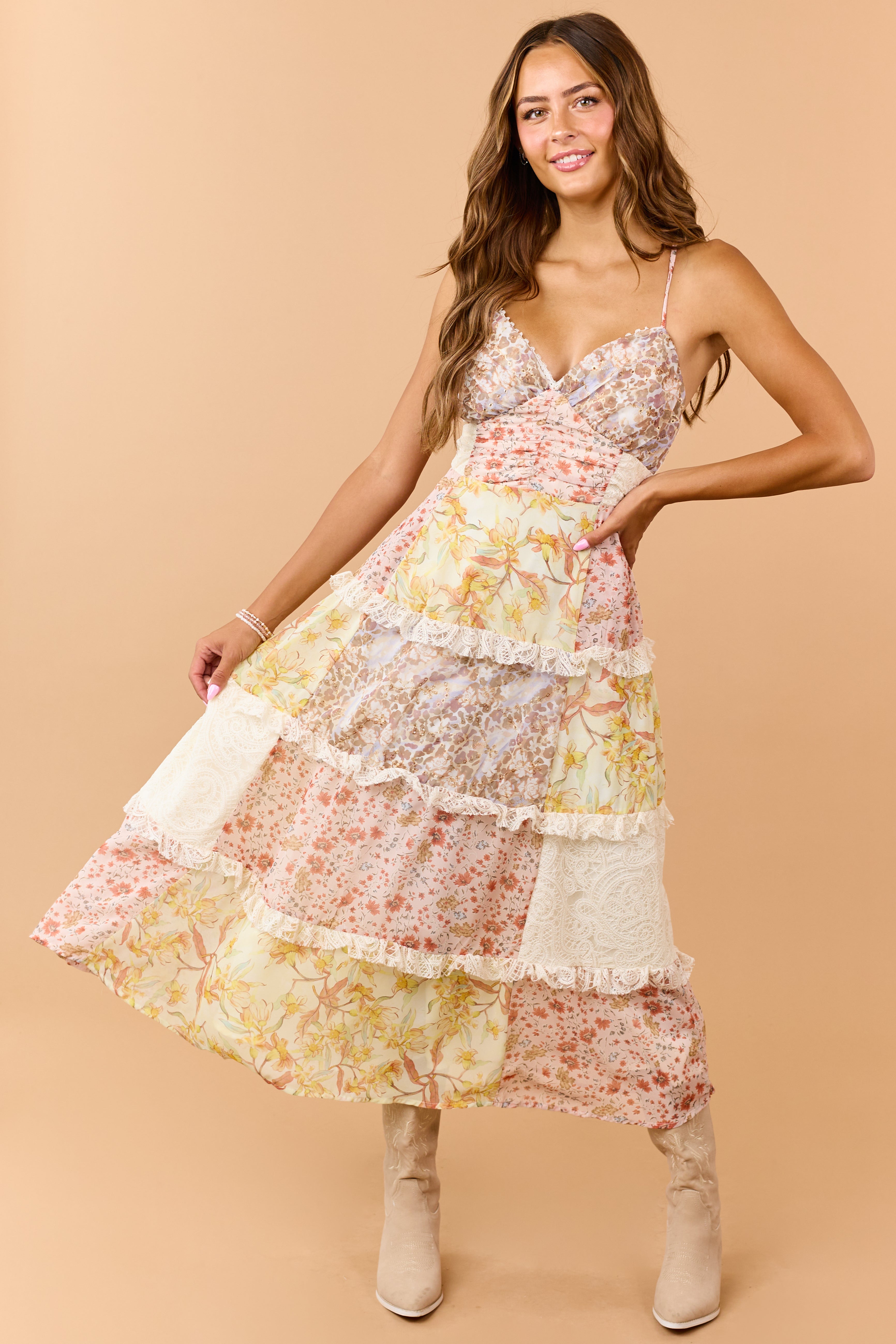 Peach Floral Chiffon Tiered Lace Maxi Dress