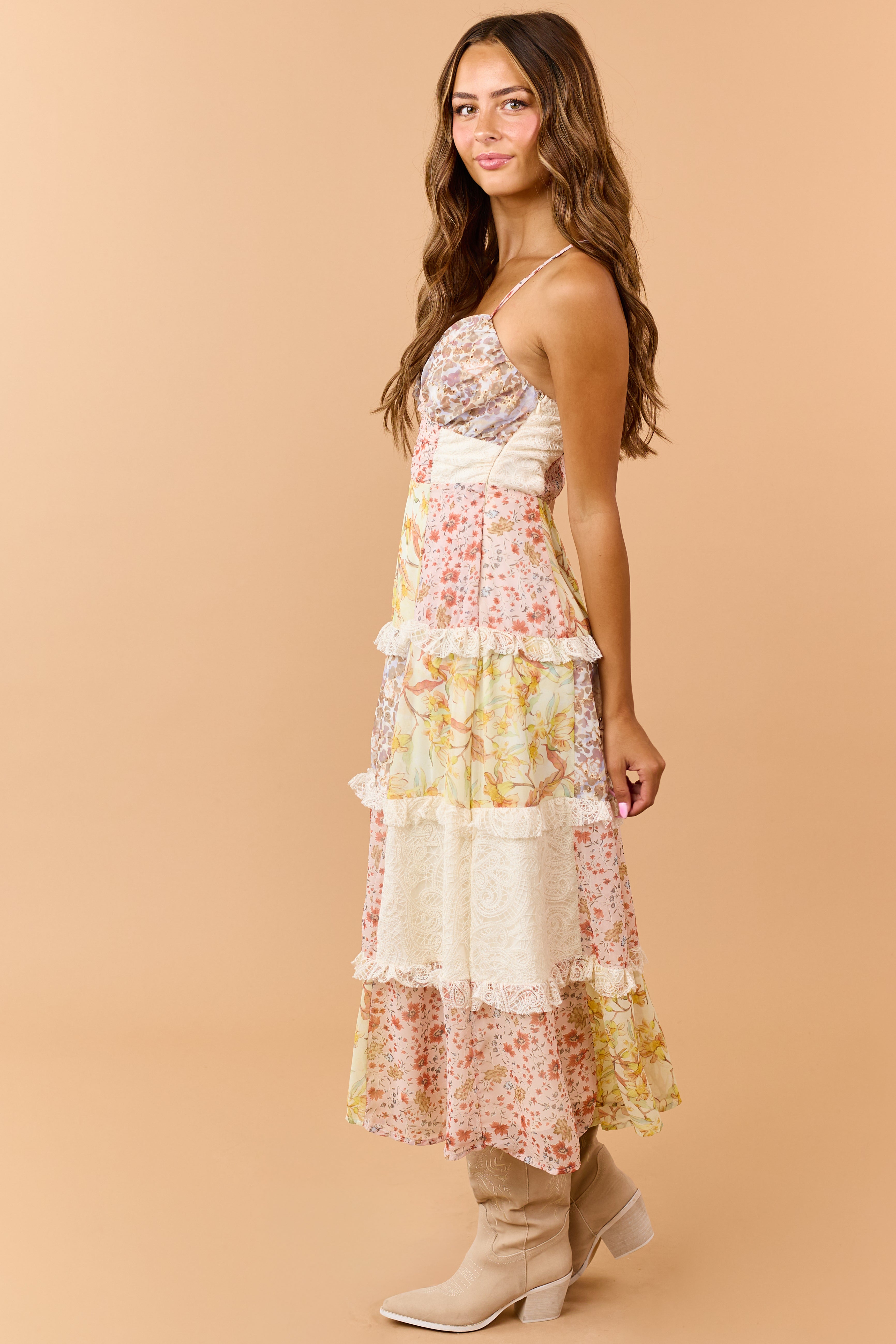Peach Floral Chiffon Tiered Lace Maxi Dress