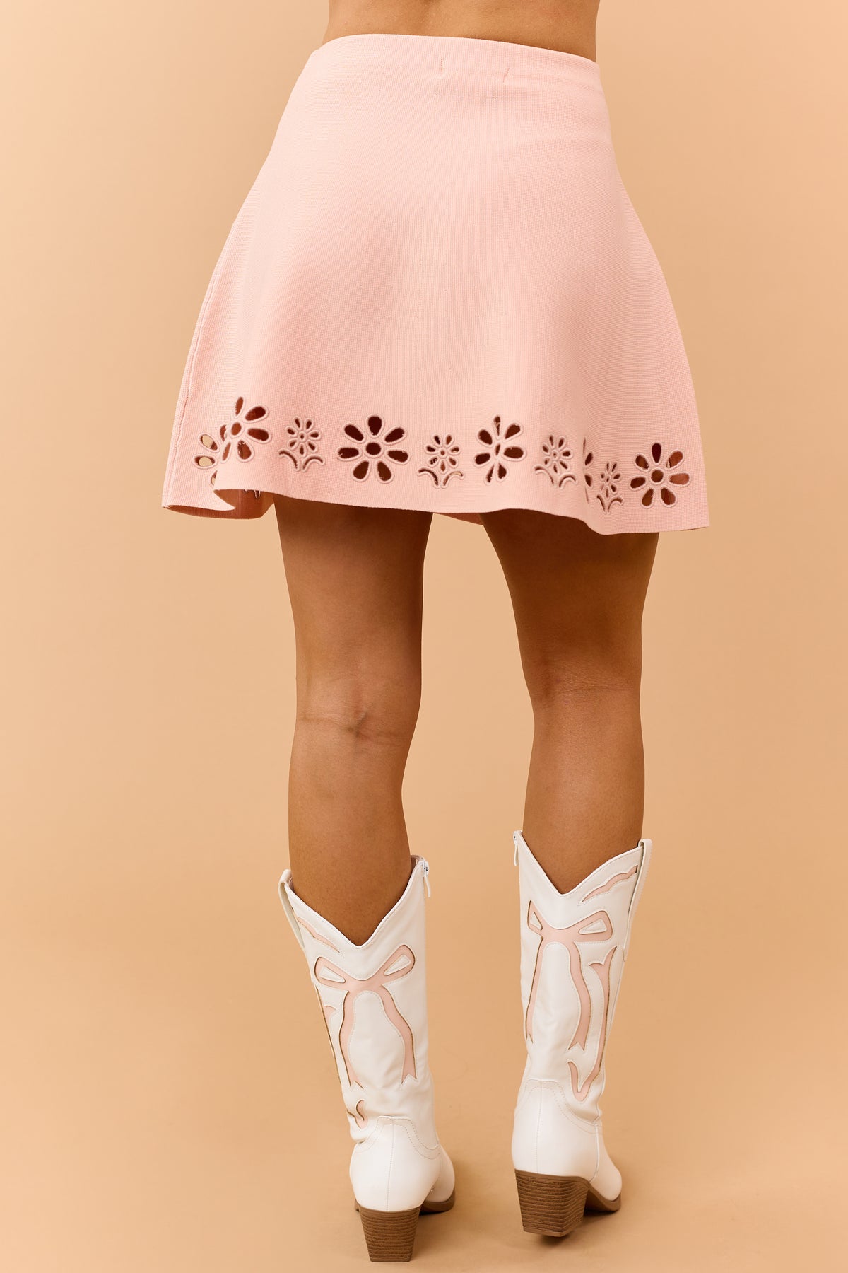 Peach Floral Cut Out Knit Tank Top and Skirt Set