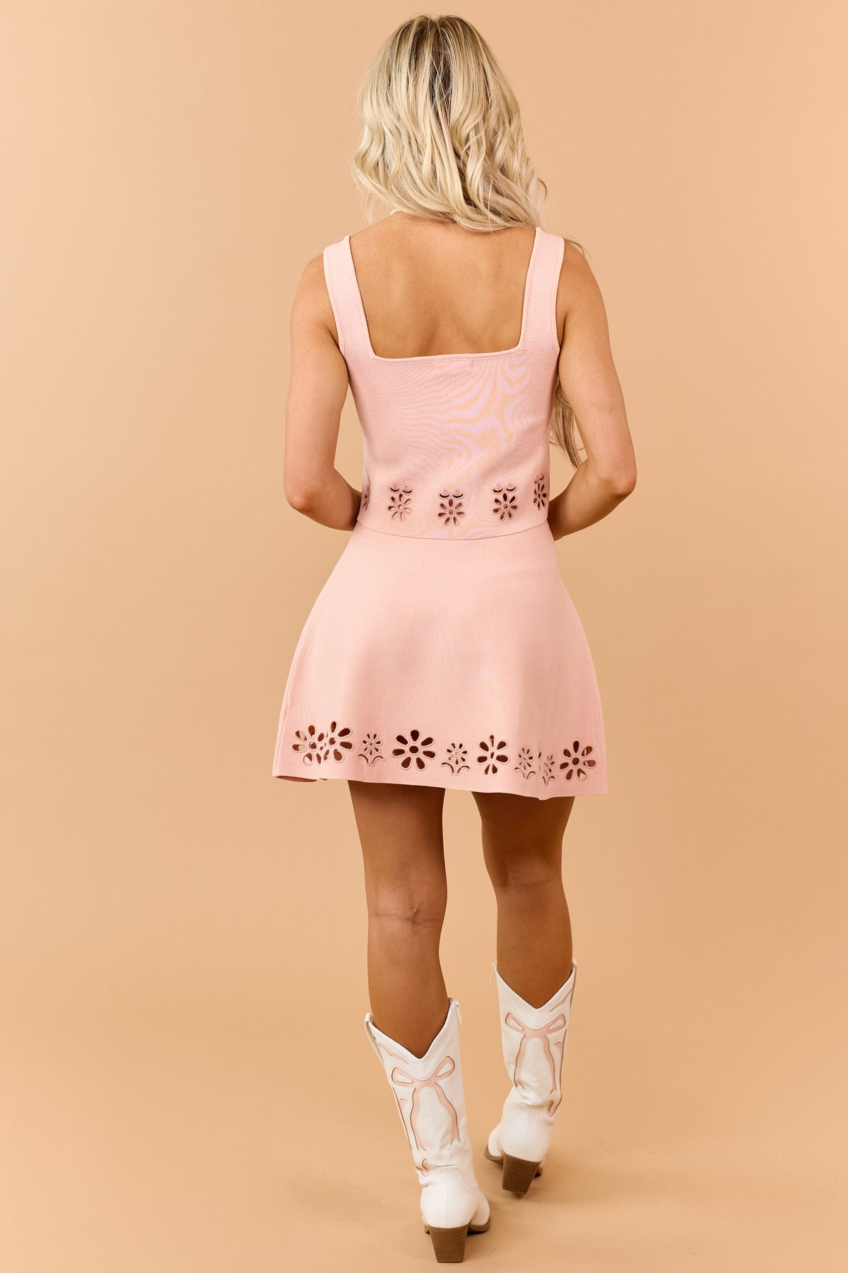Peach Floral Cut Out Knit Tank Top and Skirt Set