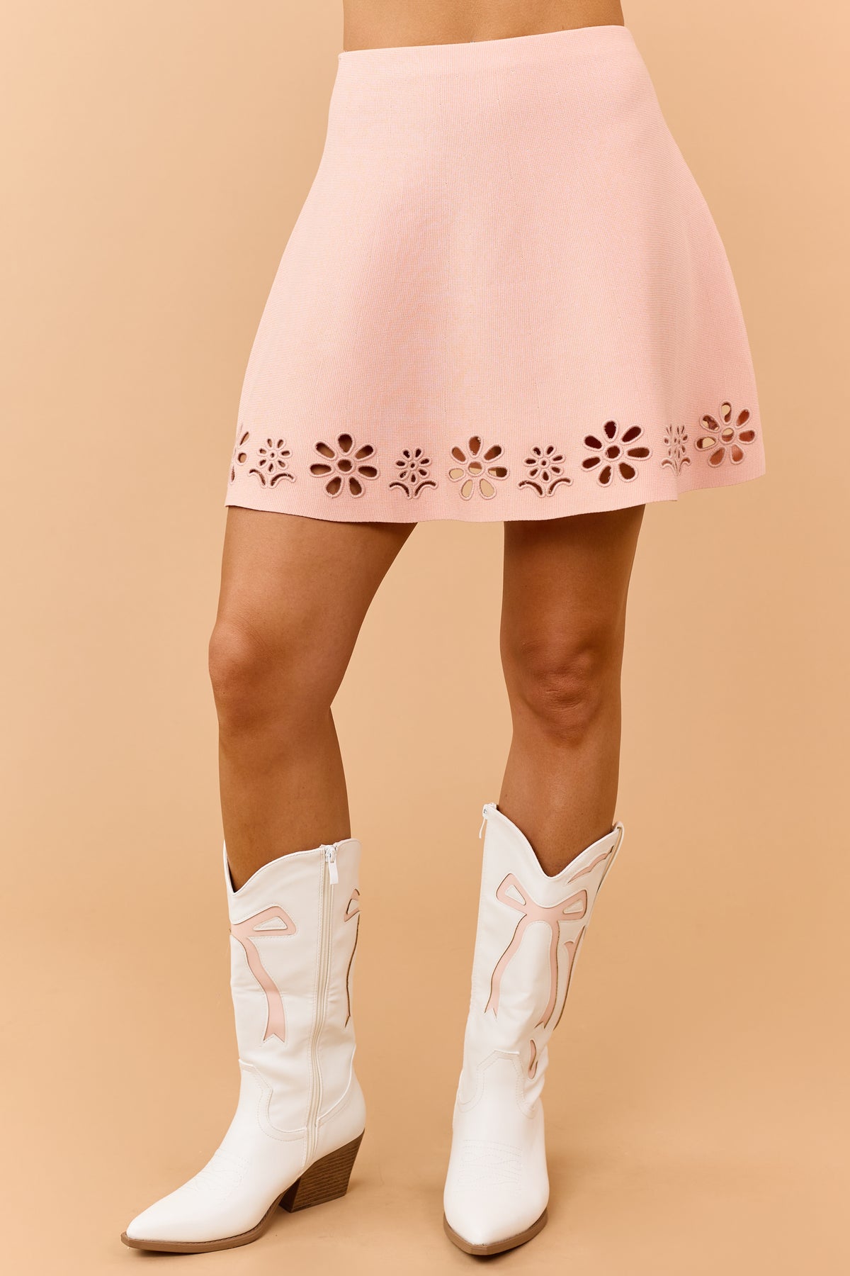 Peach Floral Cut Out Knit Tank Top and Skirt Set