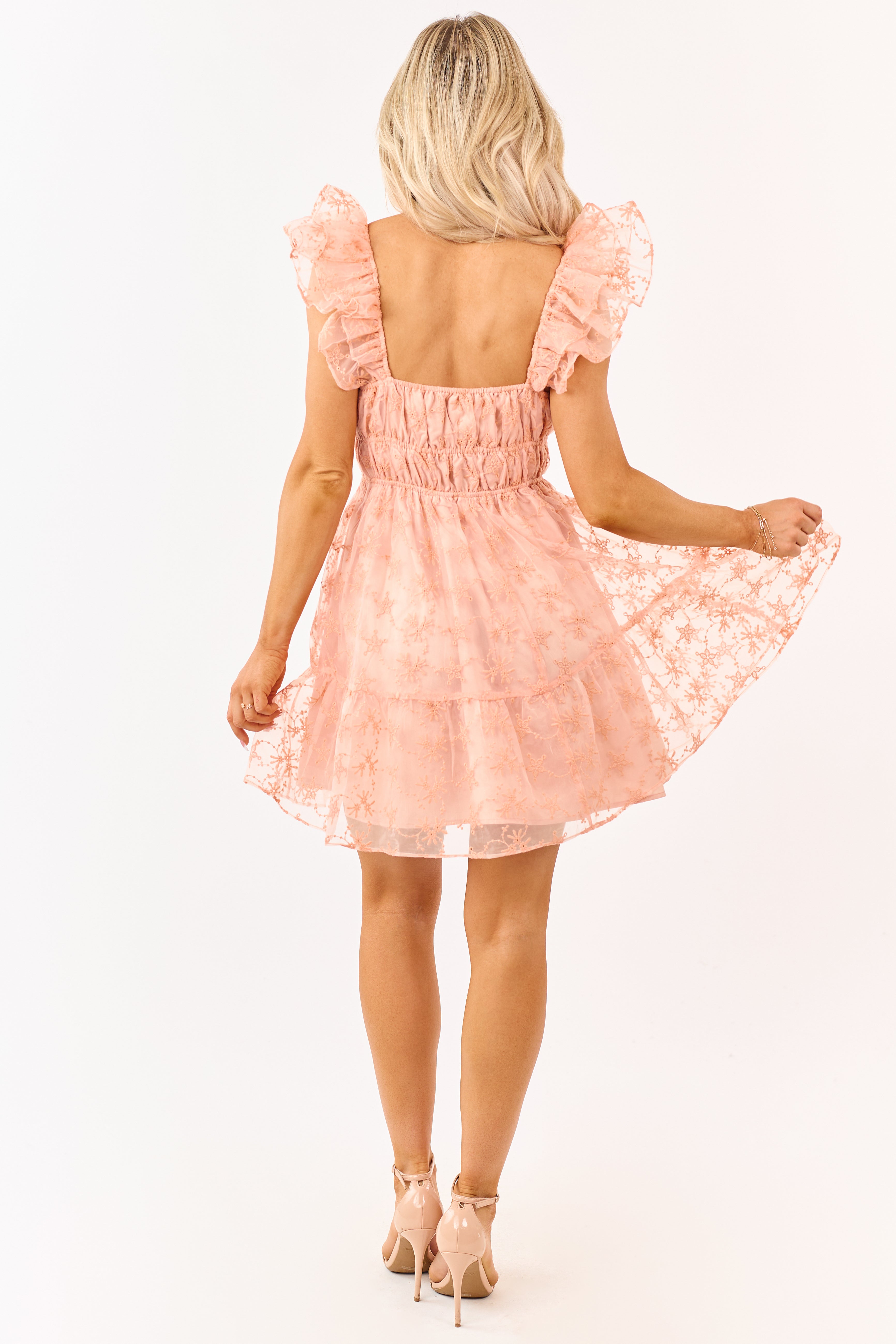 Peach Floral Embroidered Chiffon Mini Dress