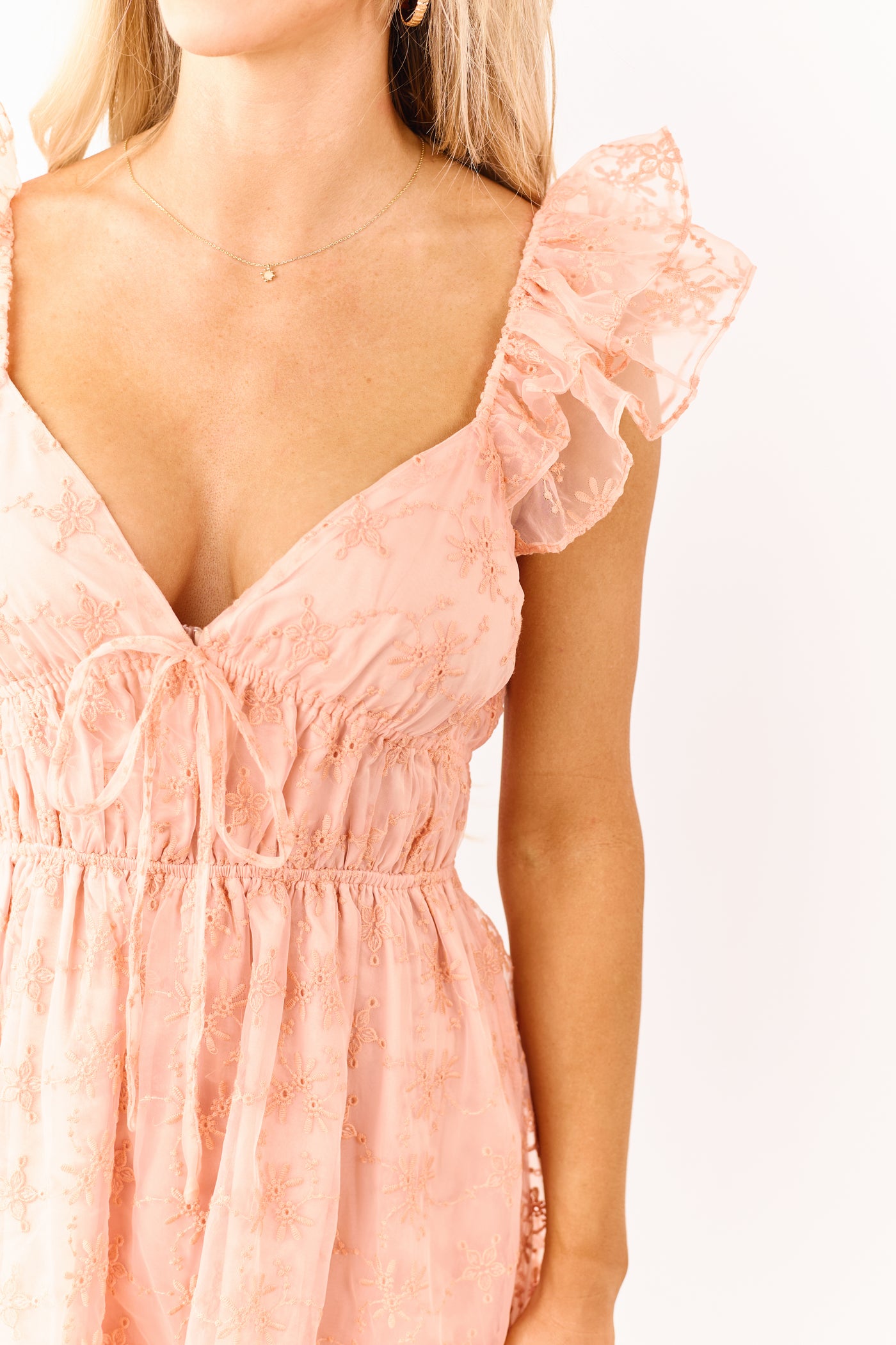 Peach Floral Embroidered Chiffon Mini Dress