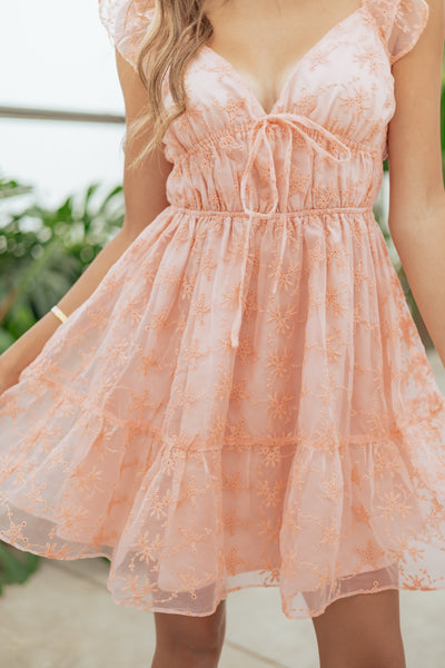 Peach Floral Embroidered Chiffon Mini Dress