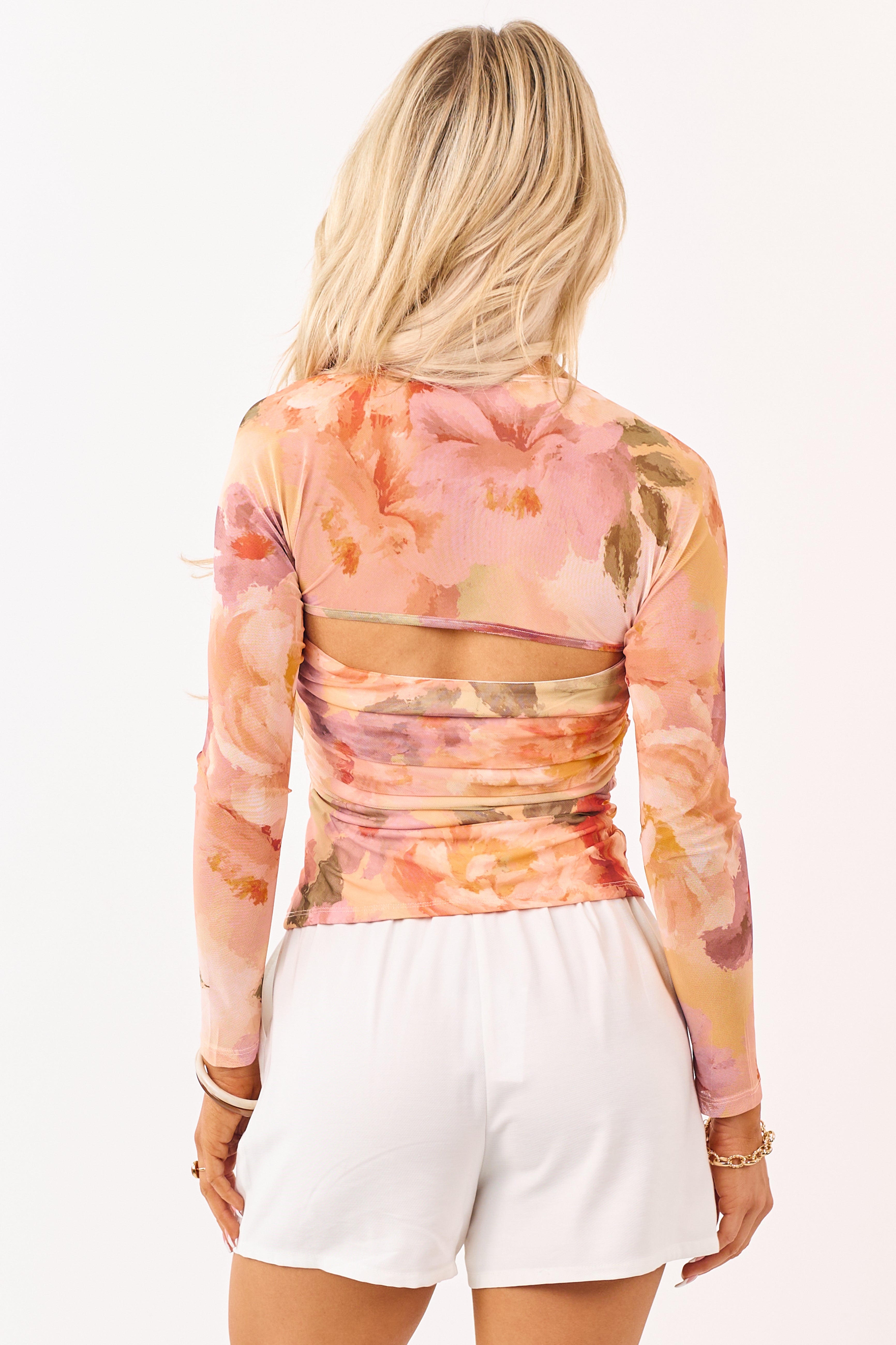Peach Floral Mesh Bolero Ruched Long Sleeve Top