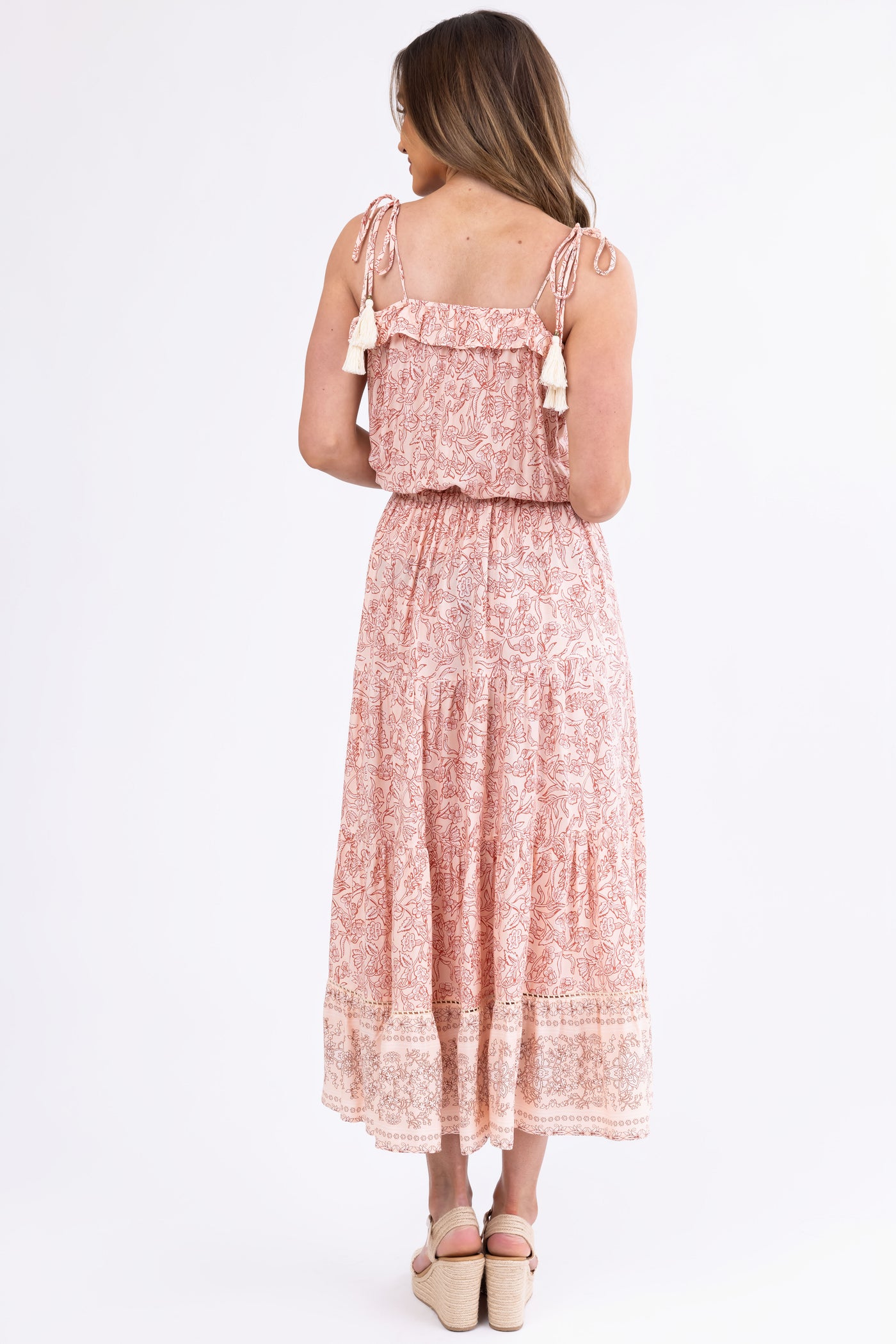 Peach Floral Print Sleeveless Maxi Dress