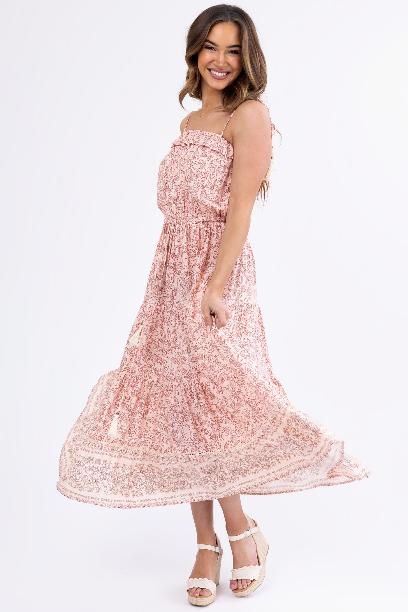 Peach Floral Print Sleeveless Maxi Dress