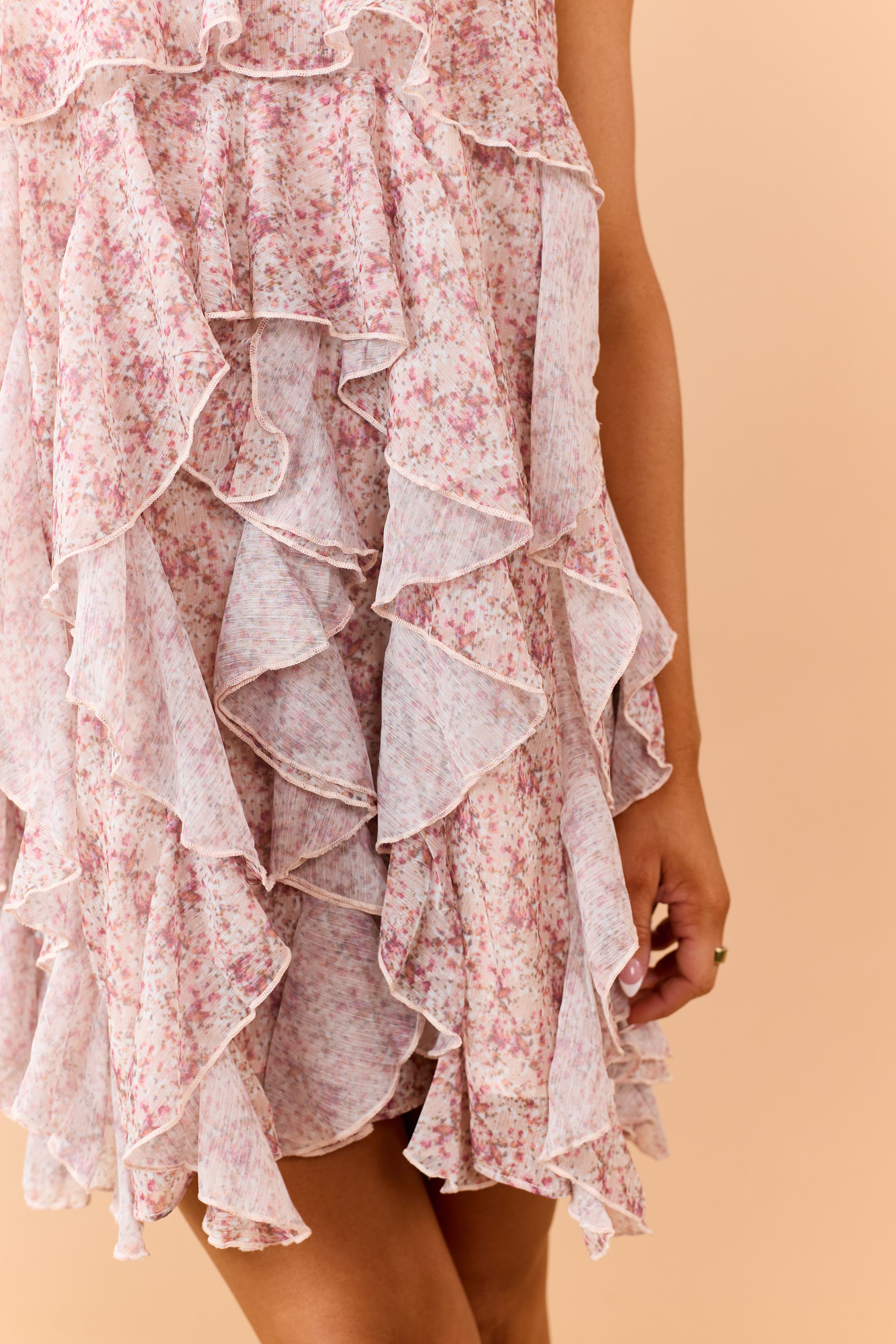 Peach Floral Ruffle Detail Halter Neck Mini Dress
