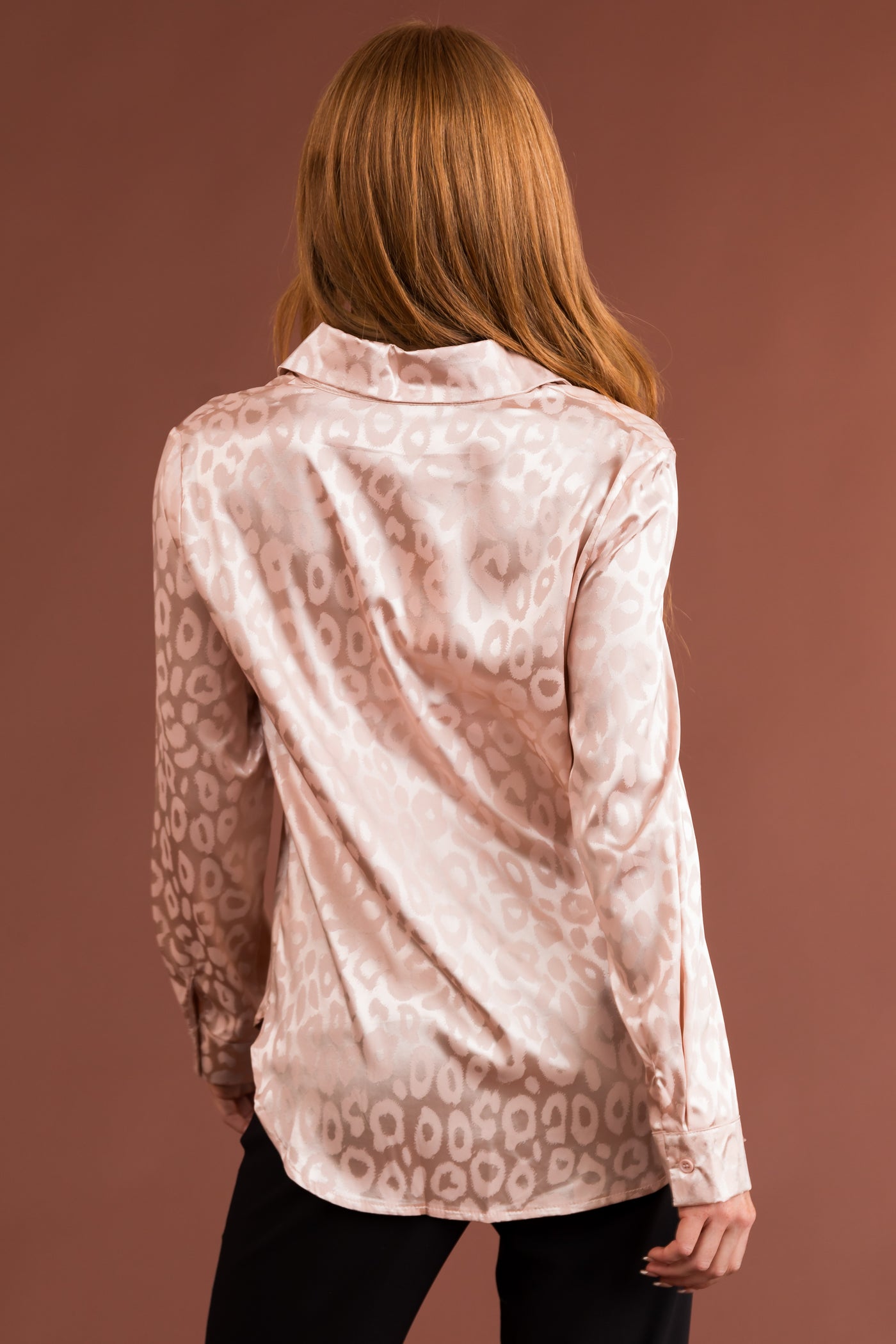 Peach Leopard Jacquard Button Up Satin Blouse