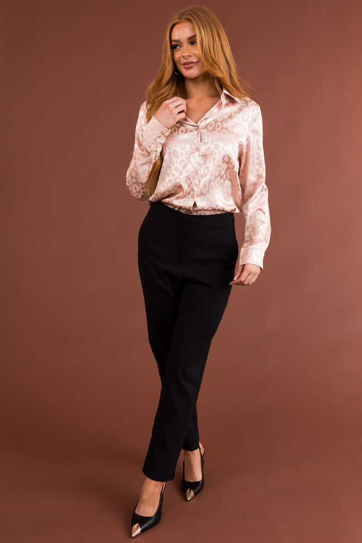 Peach Leopard Jacquard Button Up Satin Blouse