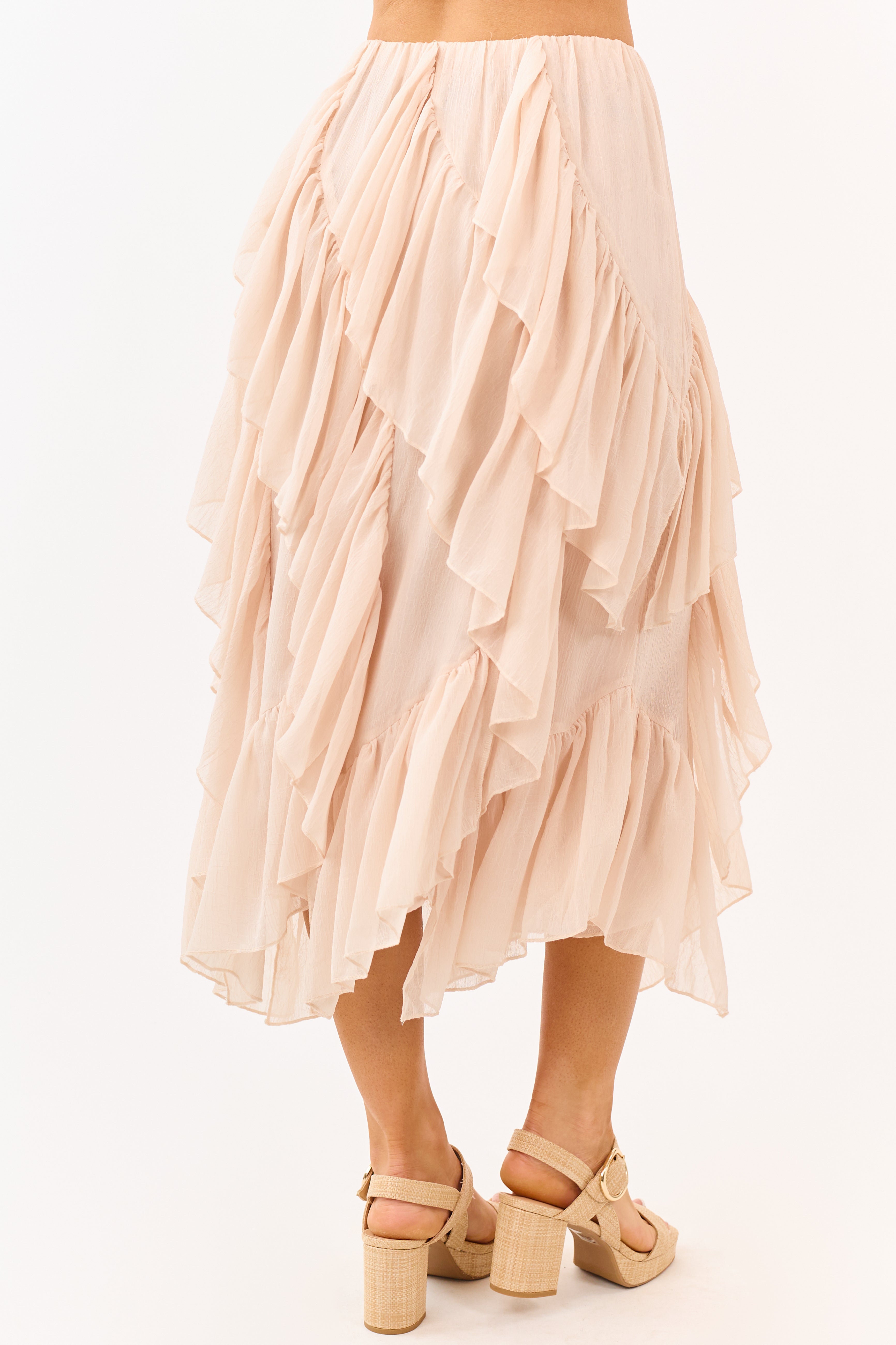 Peach Ruffled Chiffon Elastic Waist Midi Skirt