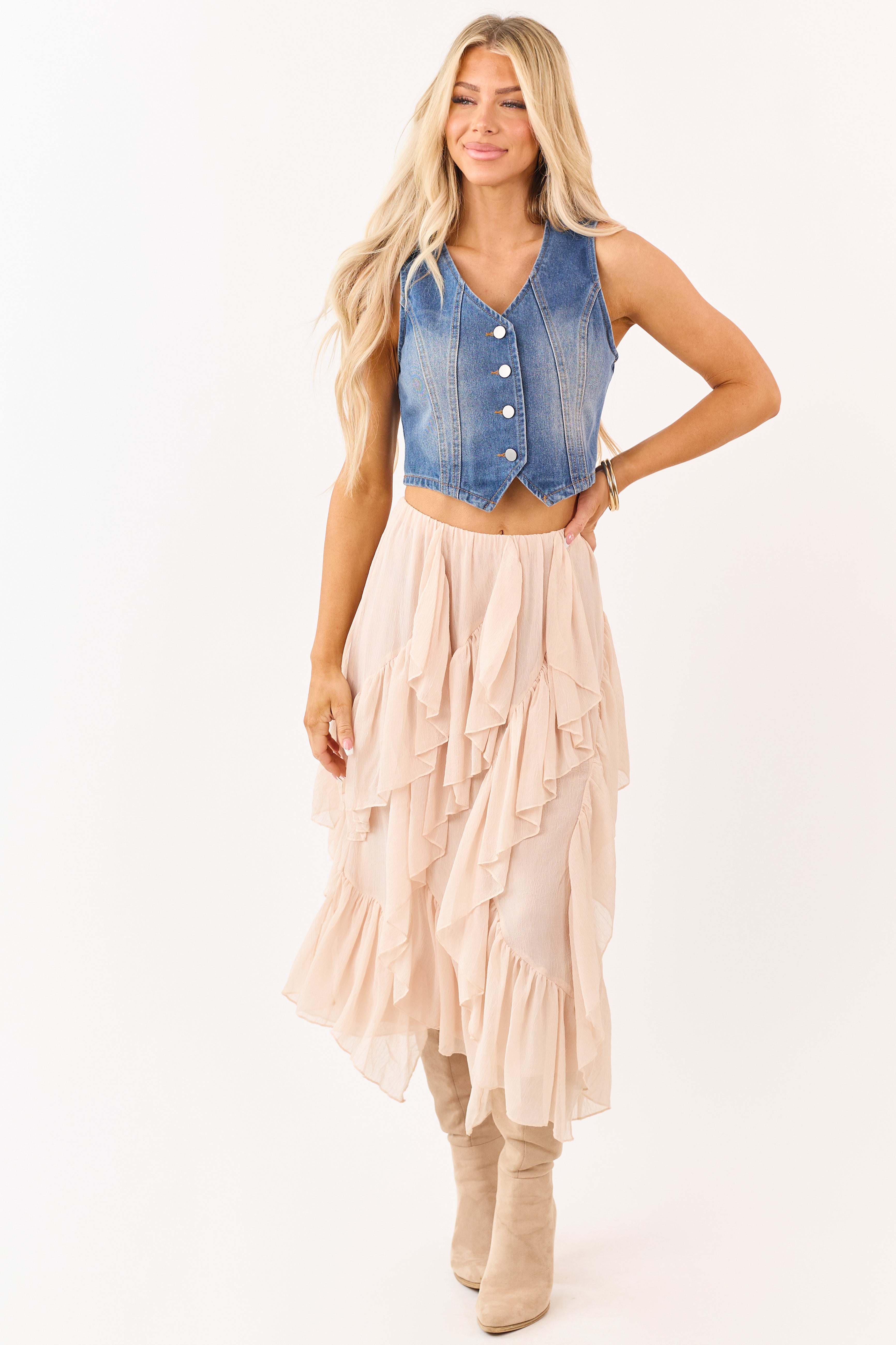 Peach Ruffled Chiffon Elastic Waist Midi Skirt