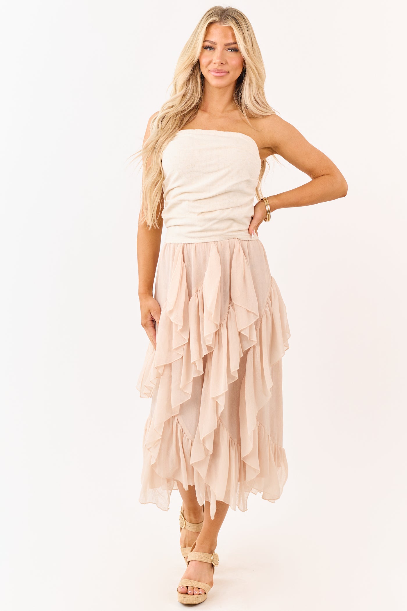 Peach Ruffled Chiffon Elastic Waist Midi Skirt