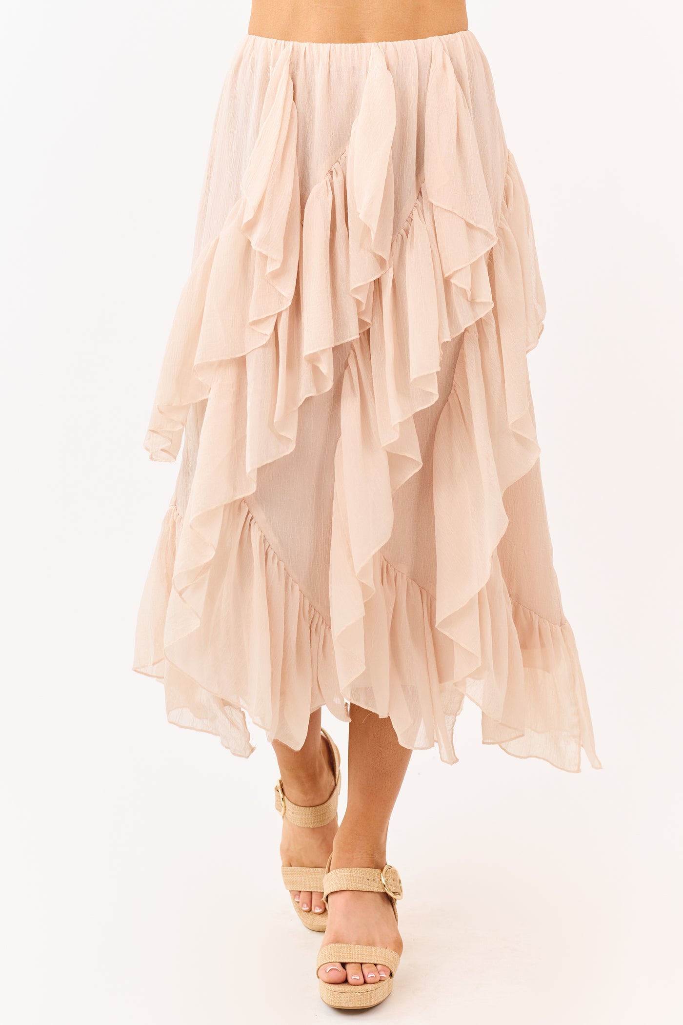 Peach Ruffled Chiffon Elastic Waist Midi Skirt