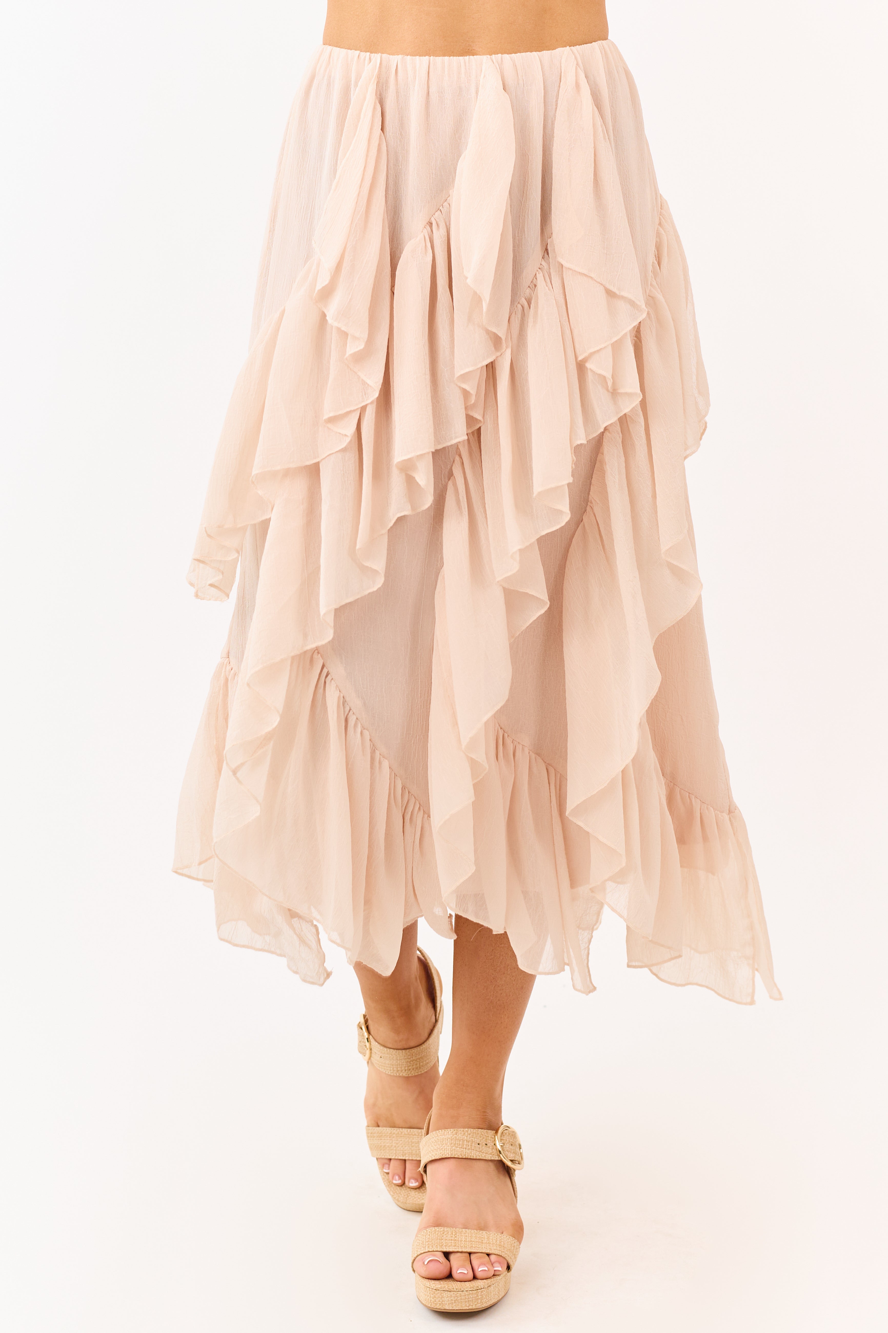 Peach Ruffled Chiffon Elastic Waist Midi Skirt