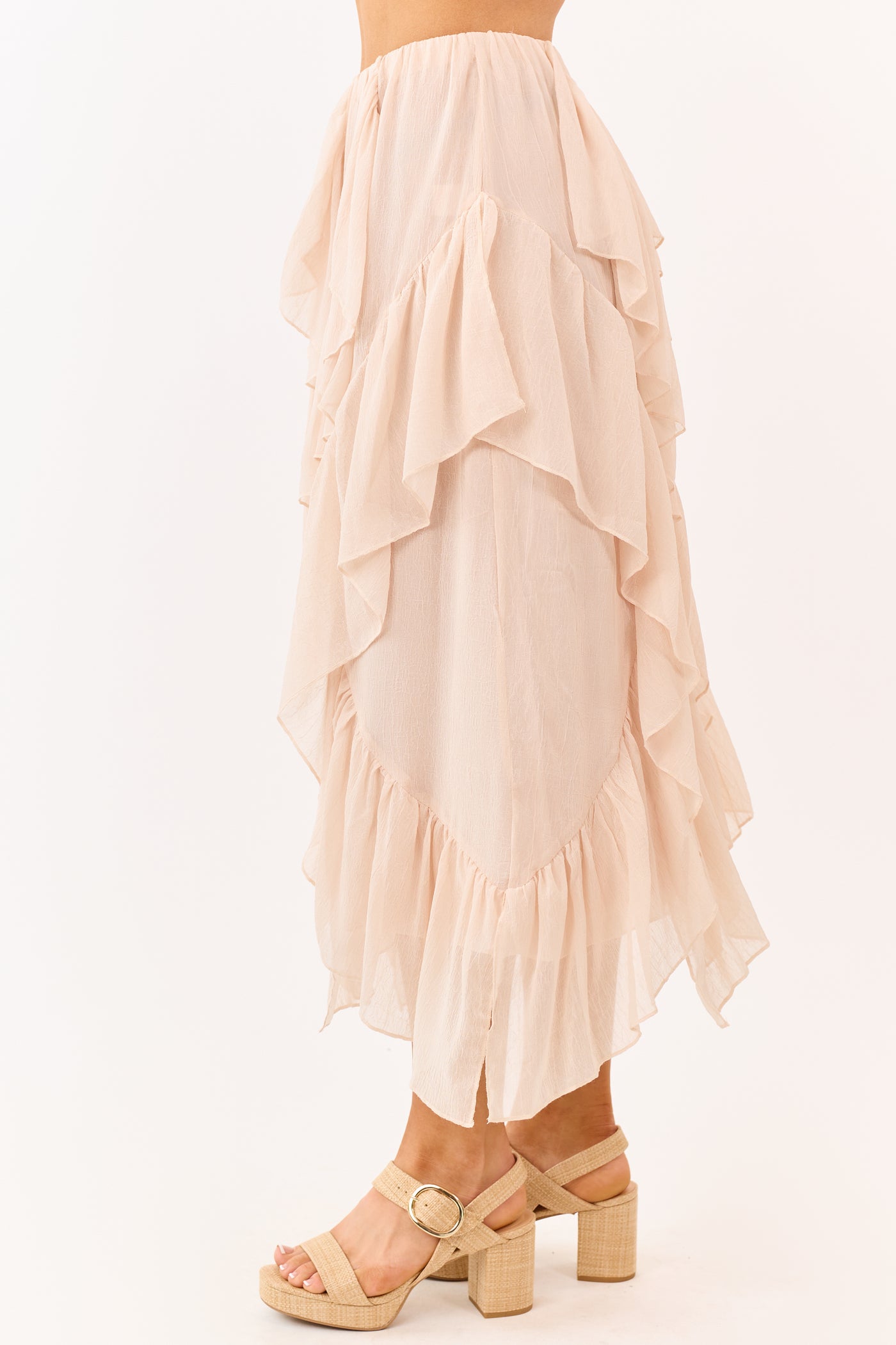 Peach Ruffled Chiffon Elastic Waist Midi Skirt