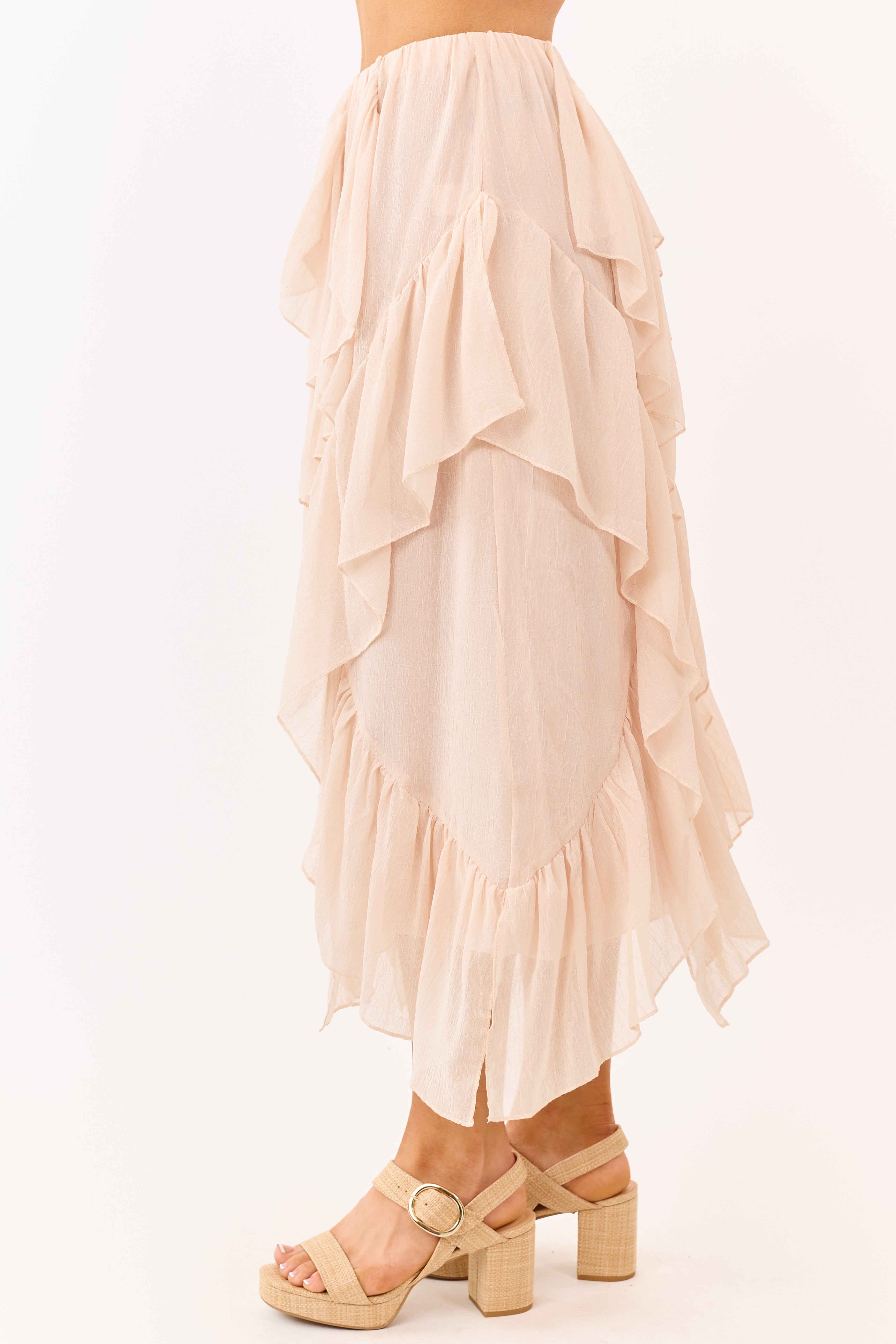 Peach Ruffled Chiffon Elastic Waist Midi Skirt