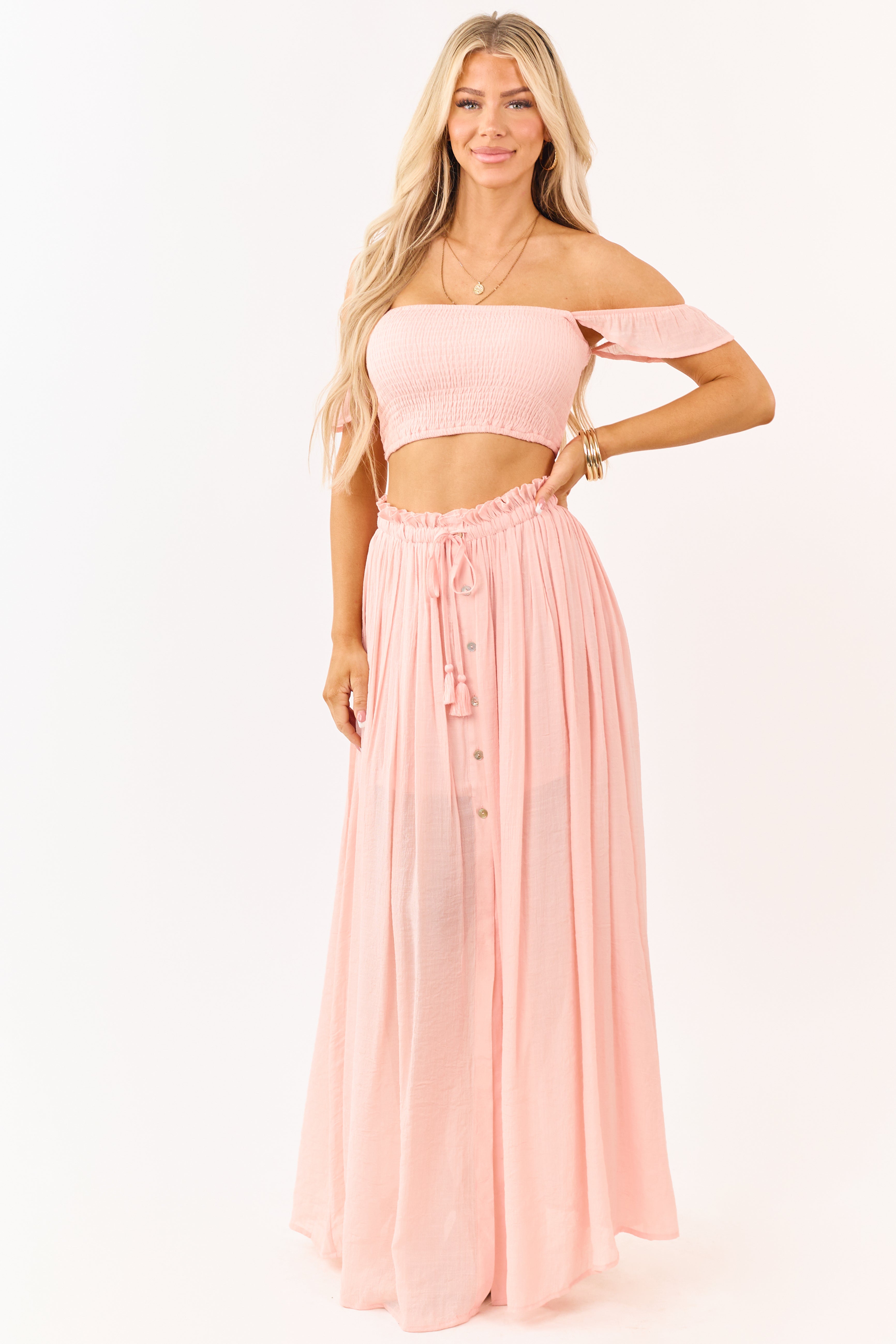 maxi dress set Peach Smocked Crop Top and Maxi Skirt Set