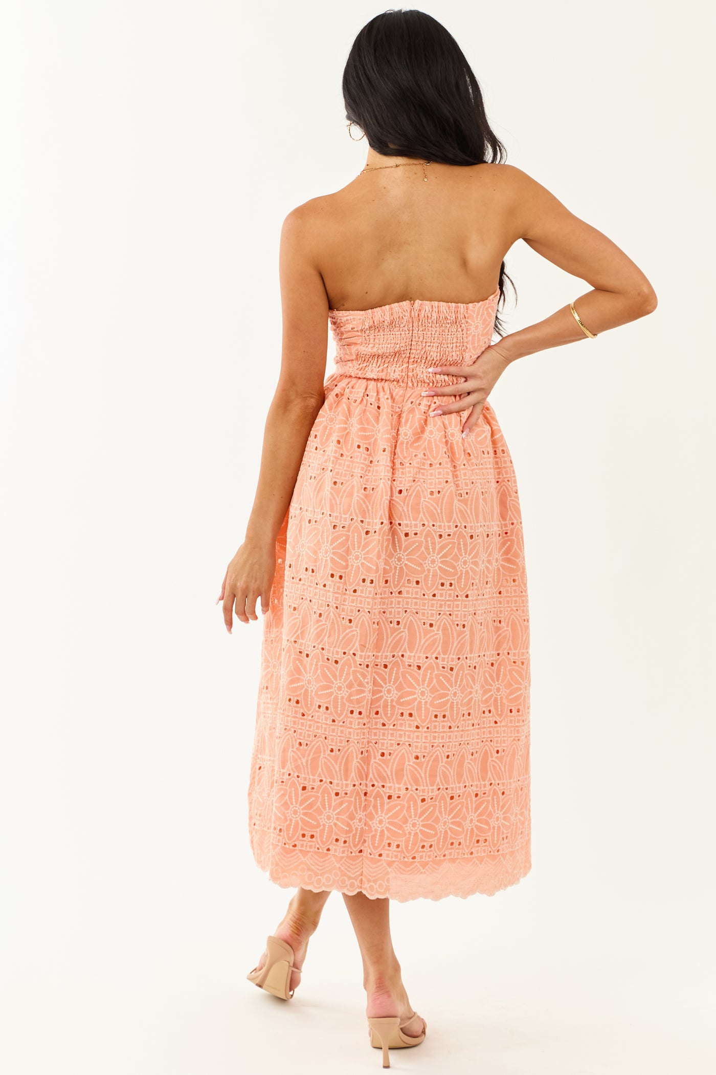 Peach Strapless Eyelet Front Tie Midi Dress
