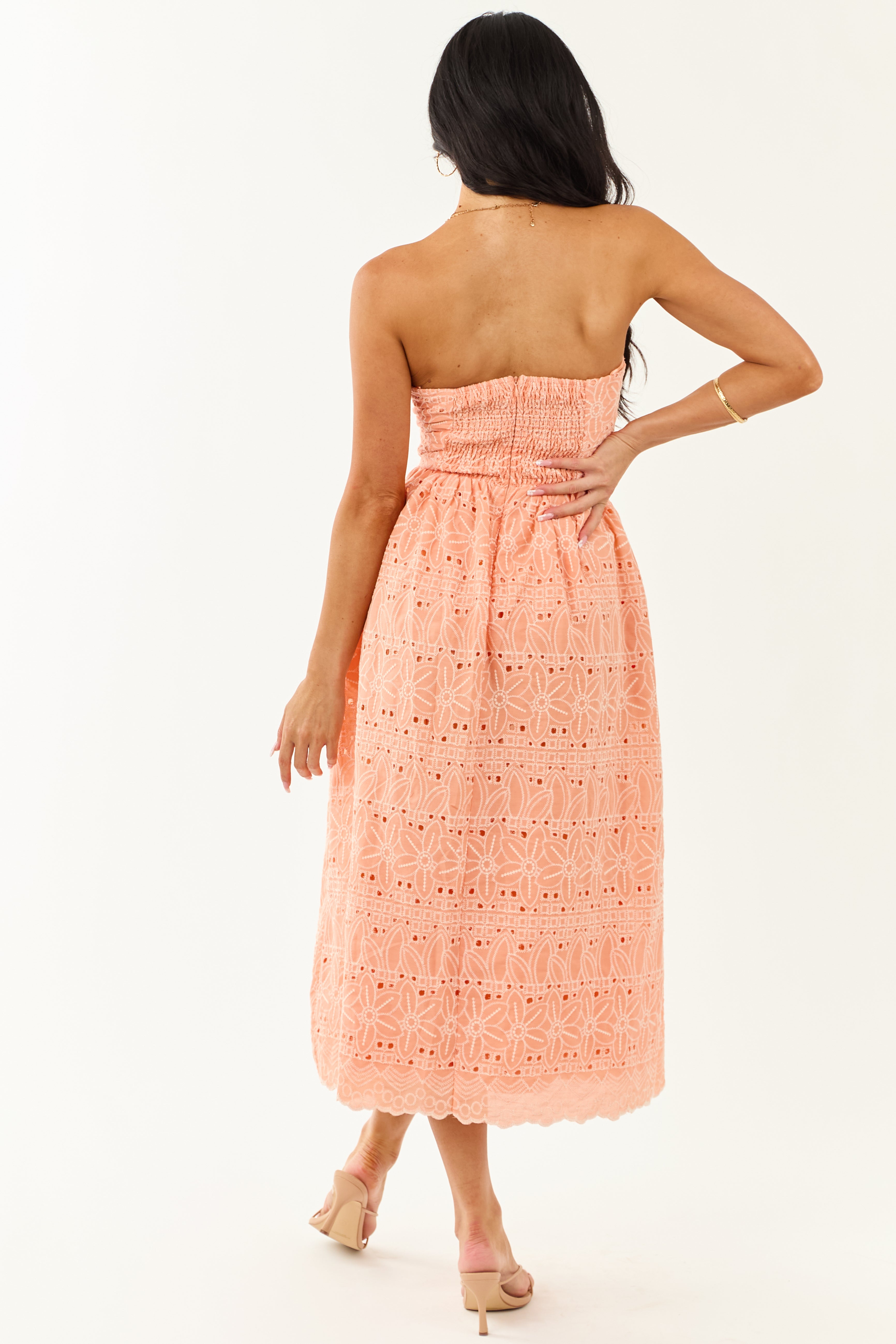 Peach Strapless Eyelet Front Tie Midi Dress