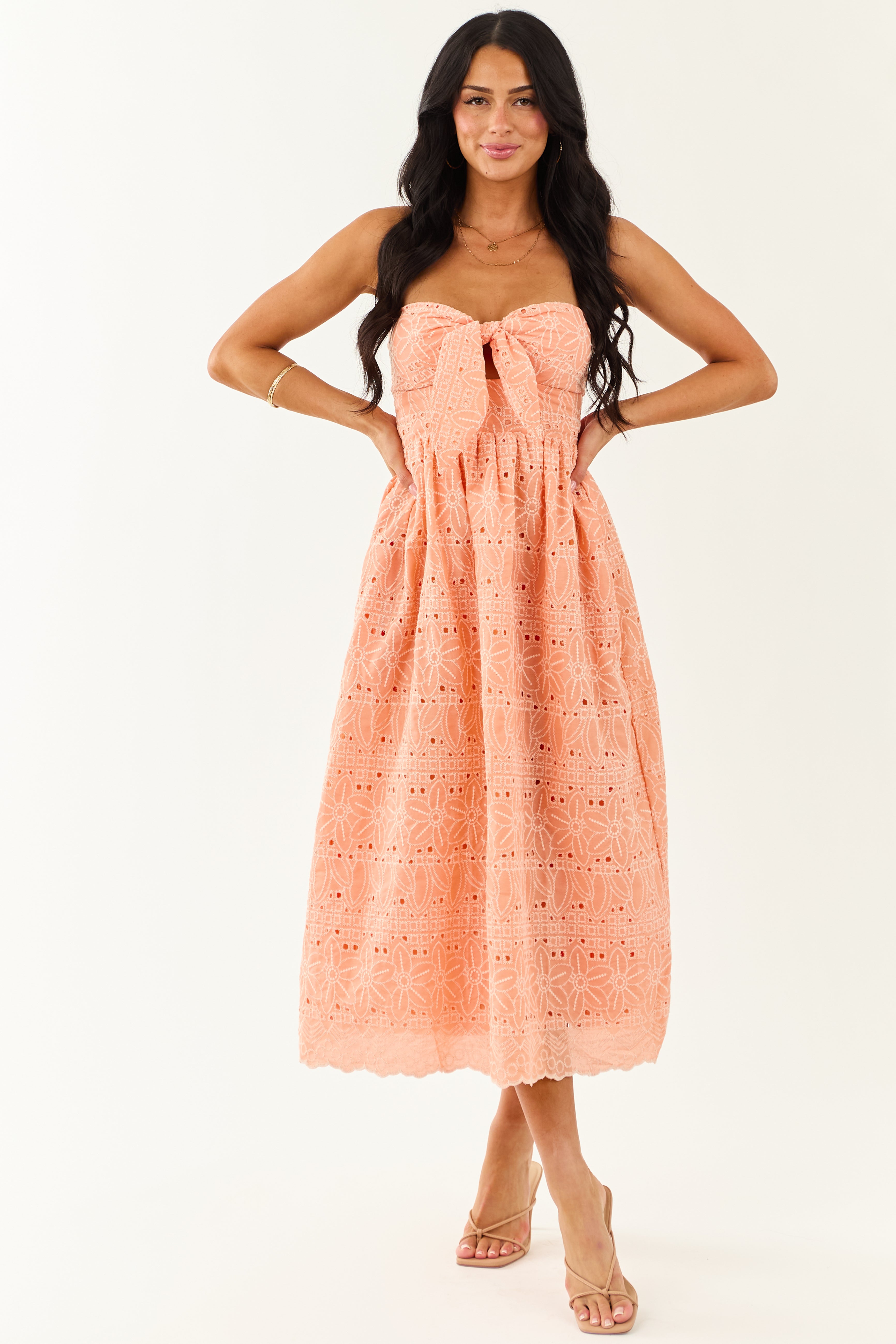 Peach Strapless Eyelet Front Tie Midi Dress