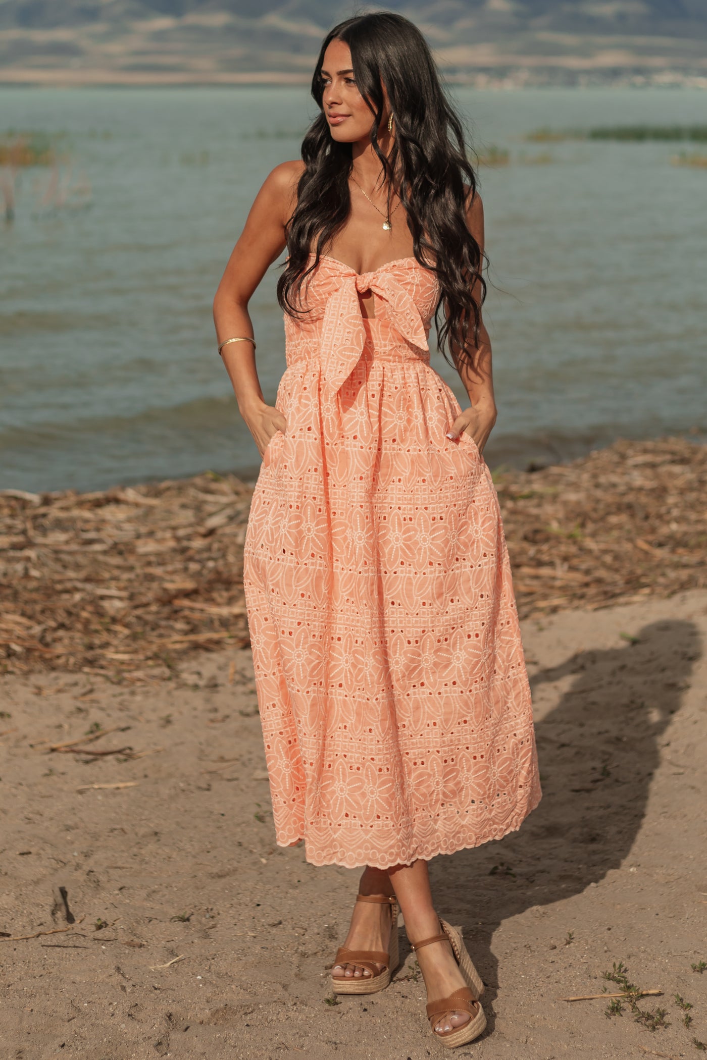 Peach Strapless Eyelet Front Tie Midi Dress