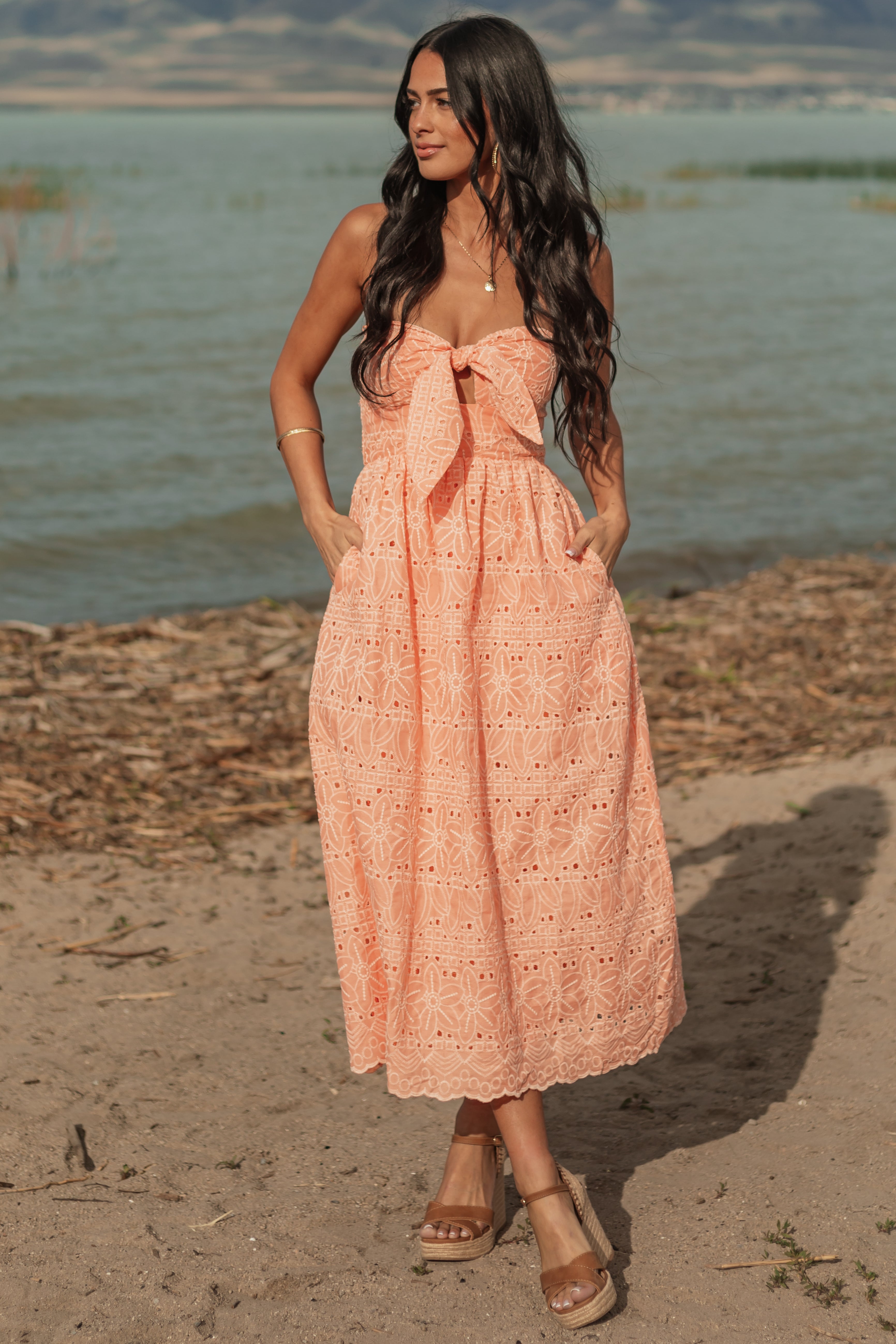 Peach Strapless Eyelet Front Tie Midi Dress
