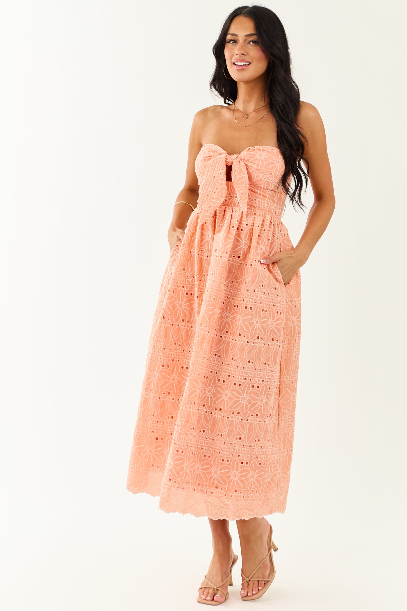 Peach Strapless Eyelet Front Tie Midi Dress