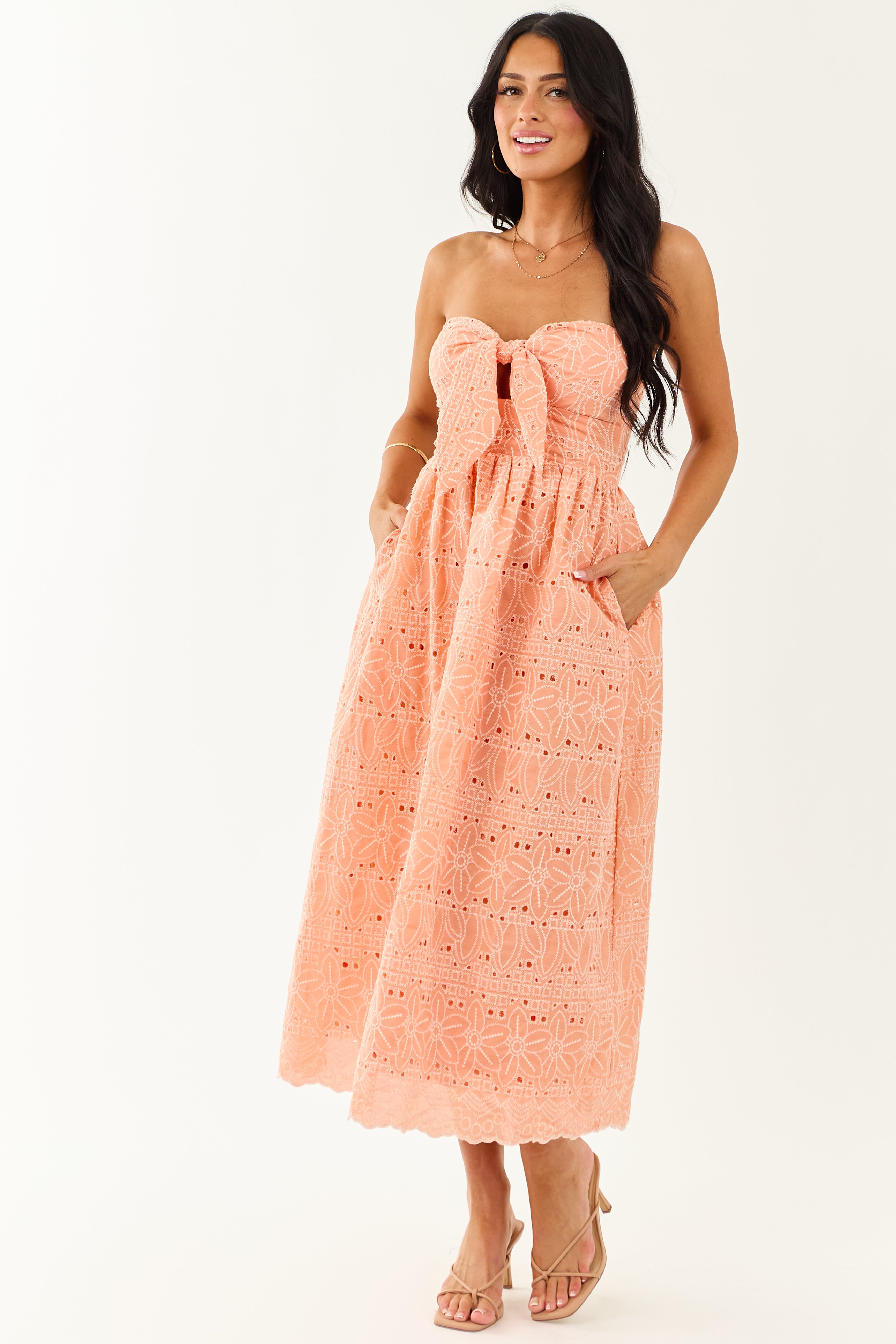 Peach Strapless Eyelet Front Tie Midi Dress