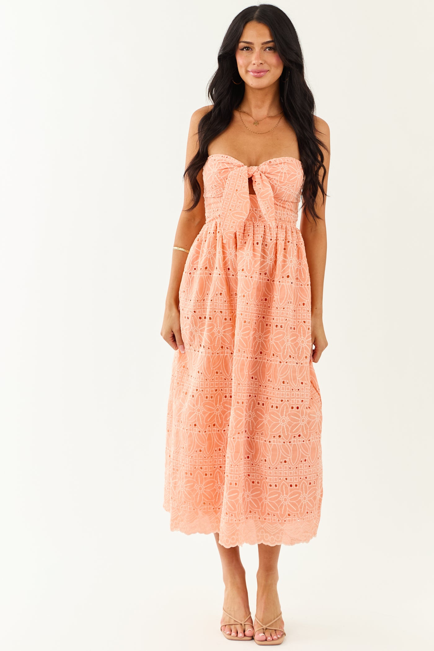 Peach Strapless Eyelet Front Tie Midi Dress