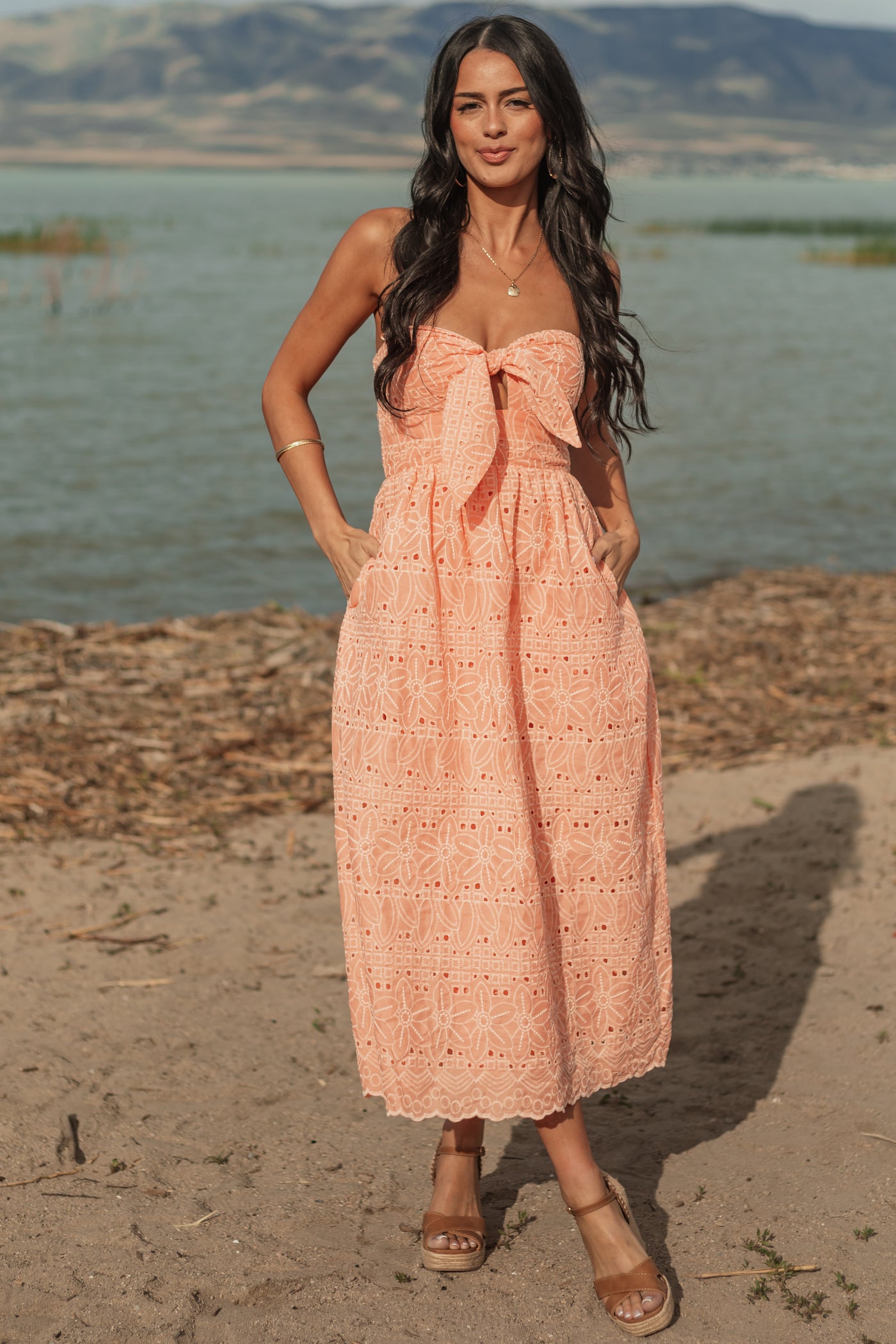 Peach Strapless Eyelet Front Tie Midi Dress