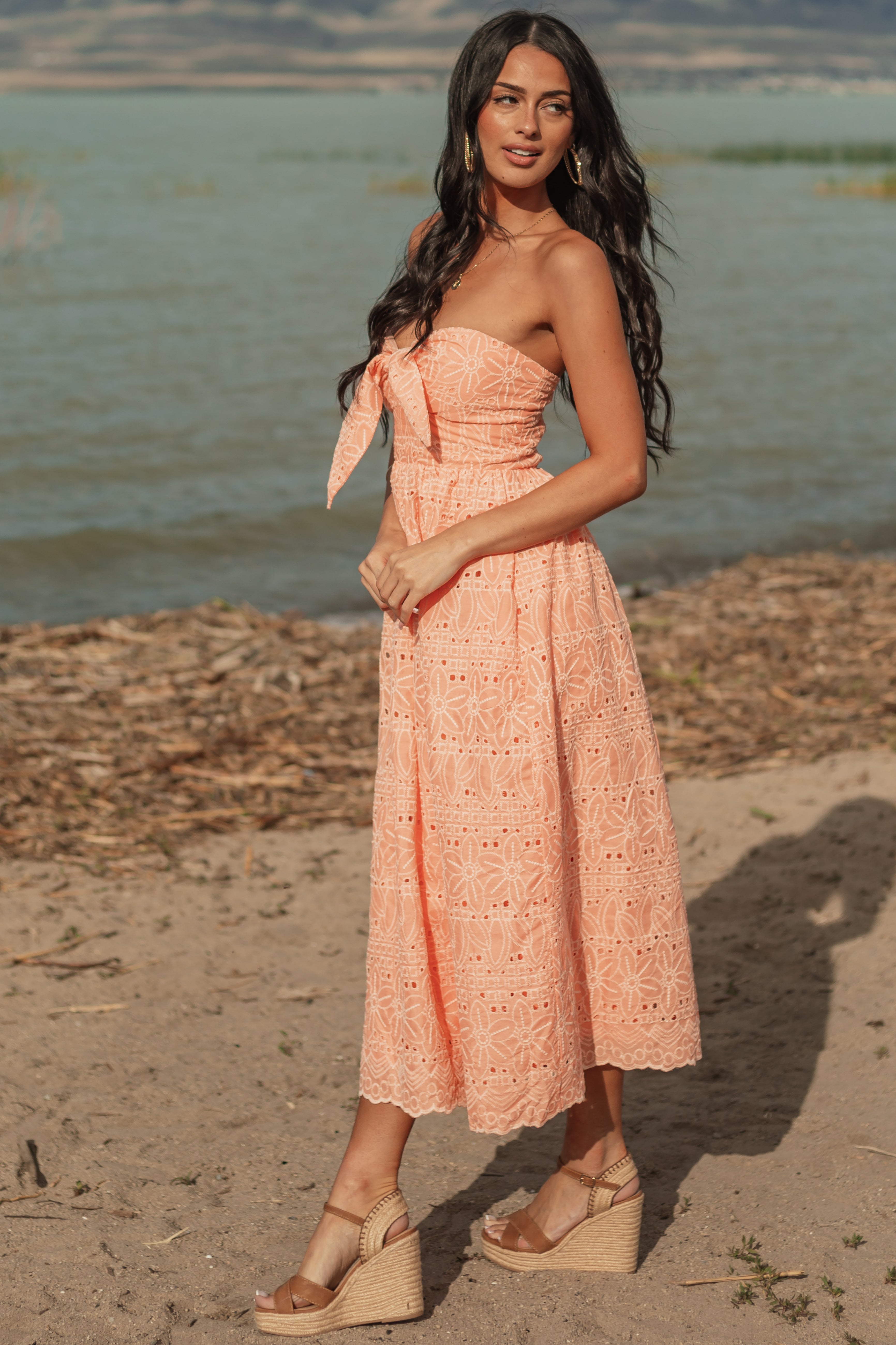 peach‼️ Peach Strapless Eyelet Front Tie Midi Dress | Lime Lush Boutique