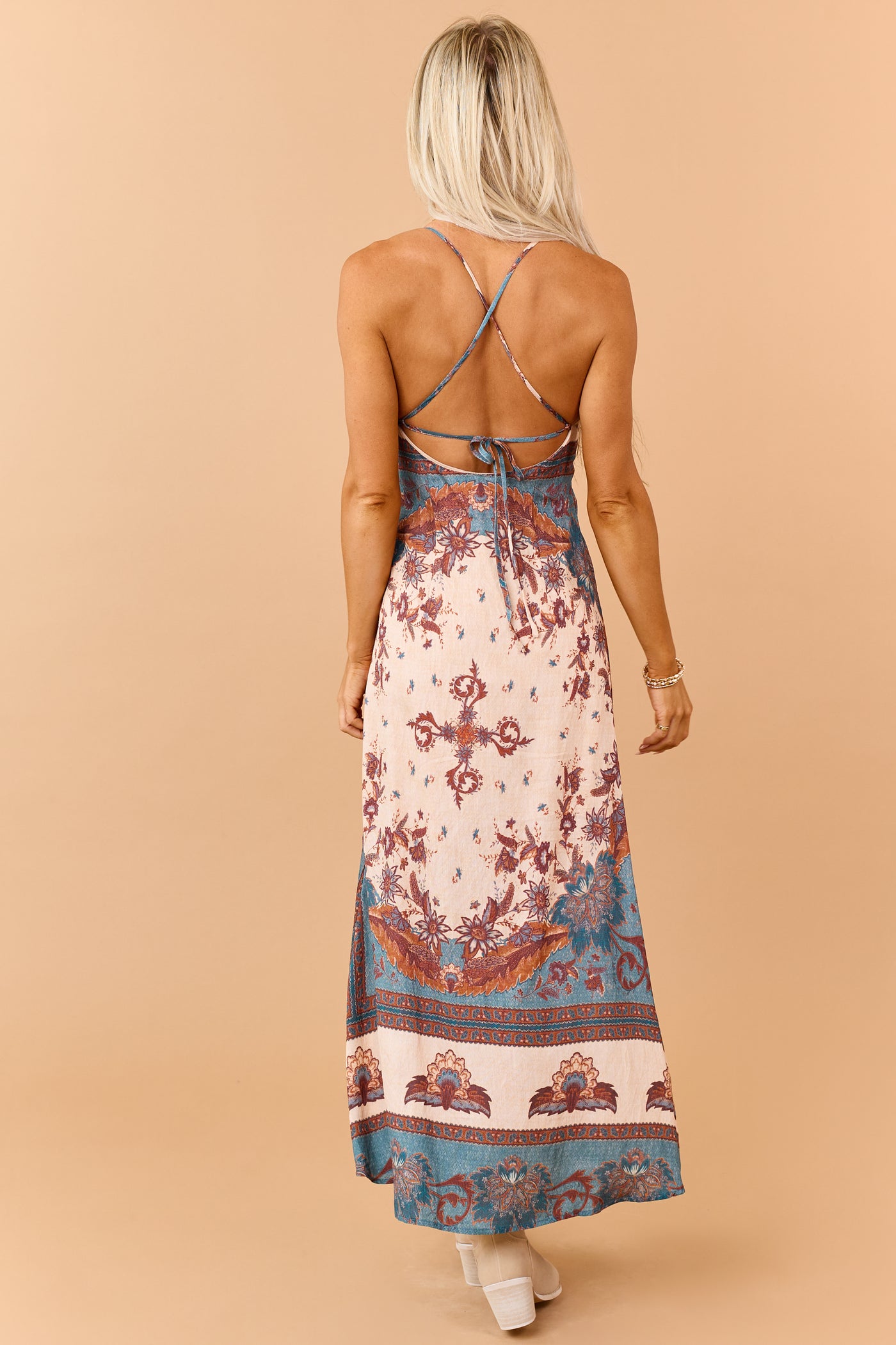 Peach Vintage Floral Sleeveless Maxi Dress