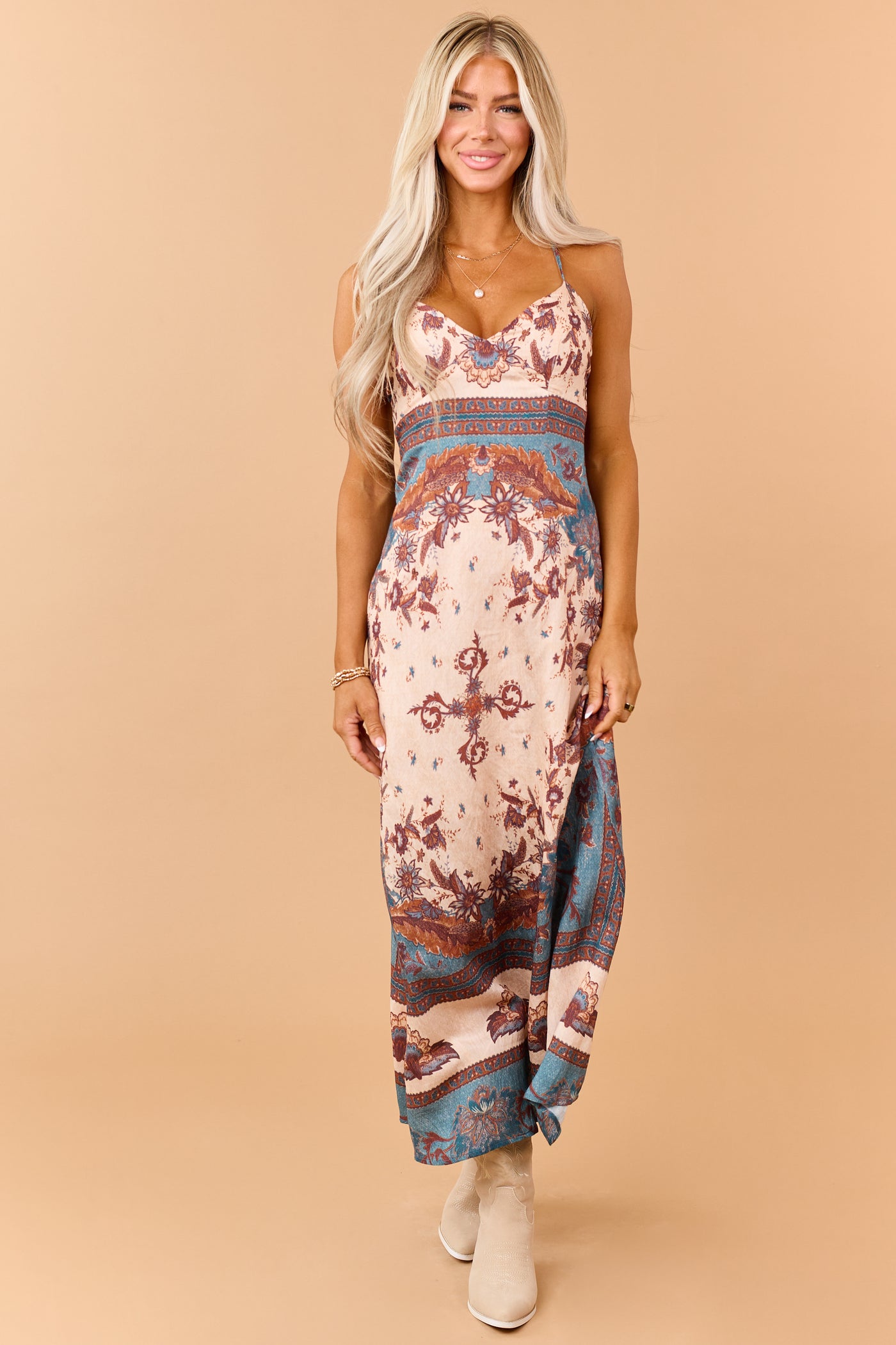 Peach Vintage Floral Sleeveless Maxi Dress